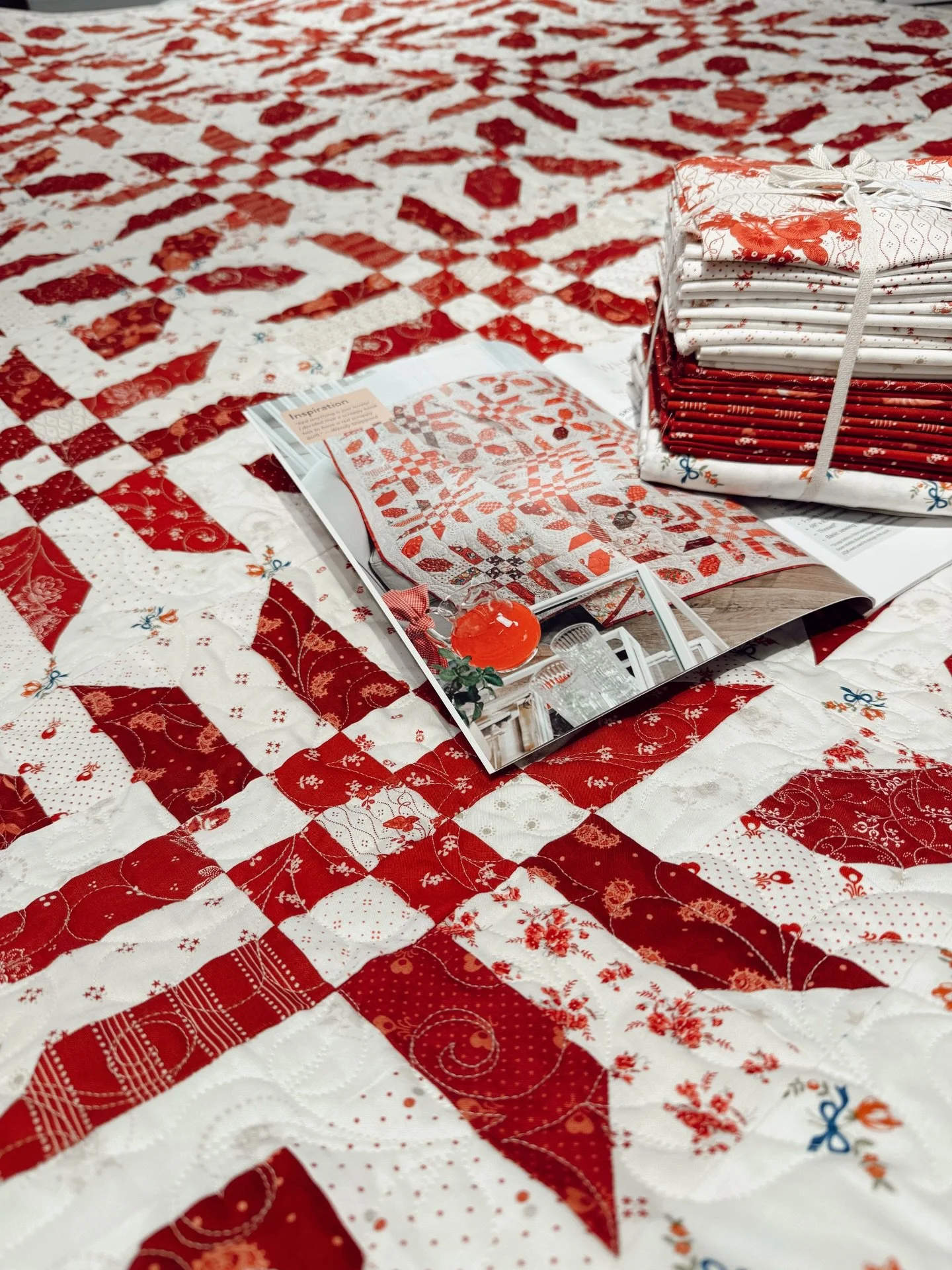 If you&rsquo;d rather stay home for this cold weather, we&rsquo;d love to pack and ship an order to you. We&rsquo;ve just finished our shop sample of this lovely and scrappy quilt but here&rsquo;s the kicker&hellip;we&rsquo;ve only got two of these k