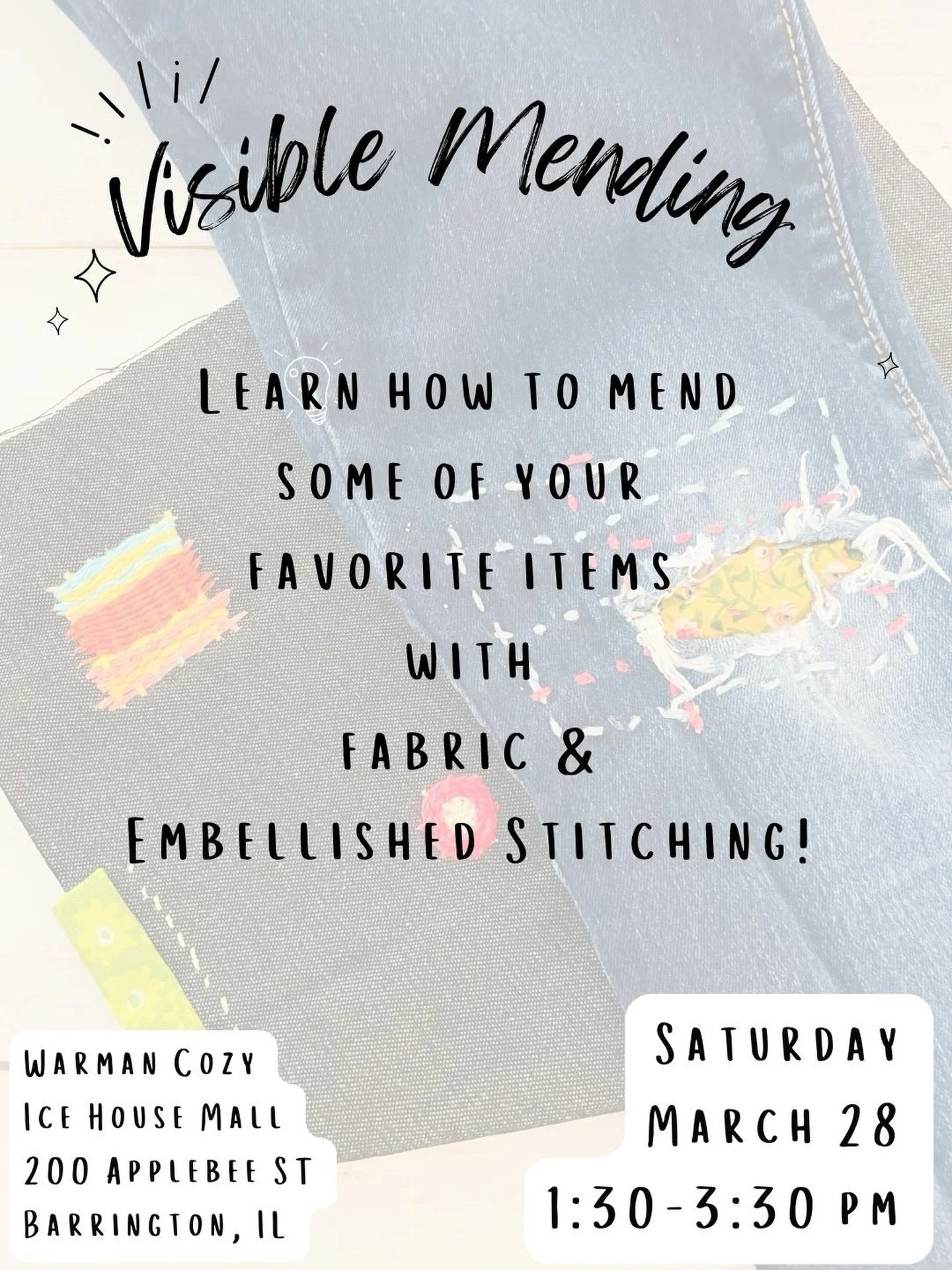 Here&rsquo;s another fun class you should check out! Whether to save a loved garment or just to add fun details, visible mending is a fun and popular skill. You will learn several different methods on different materials so that you&rsquo;re ready to