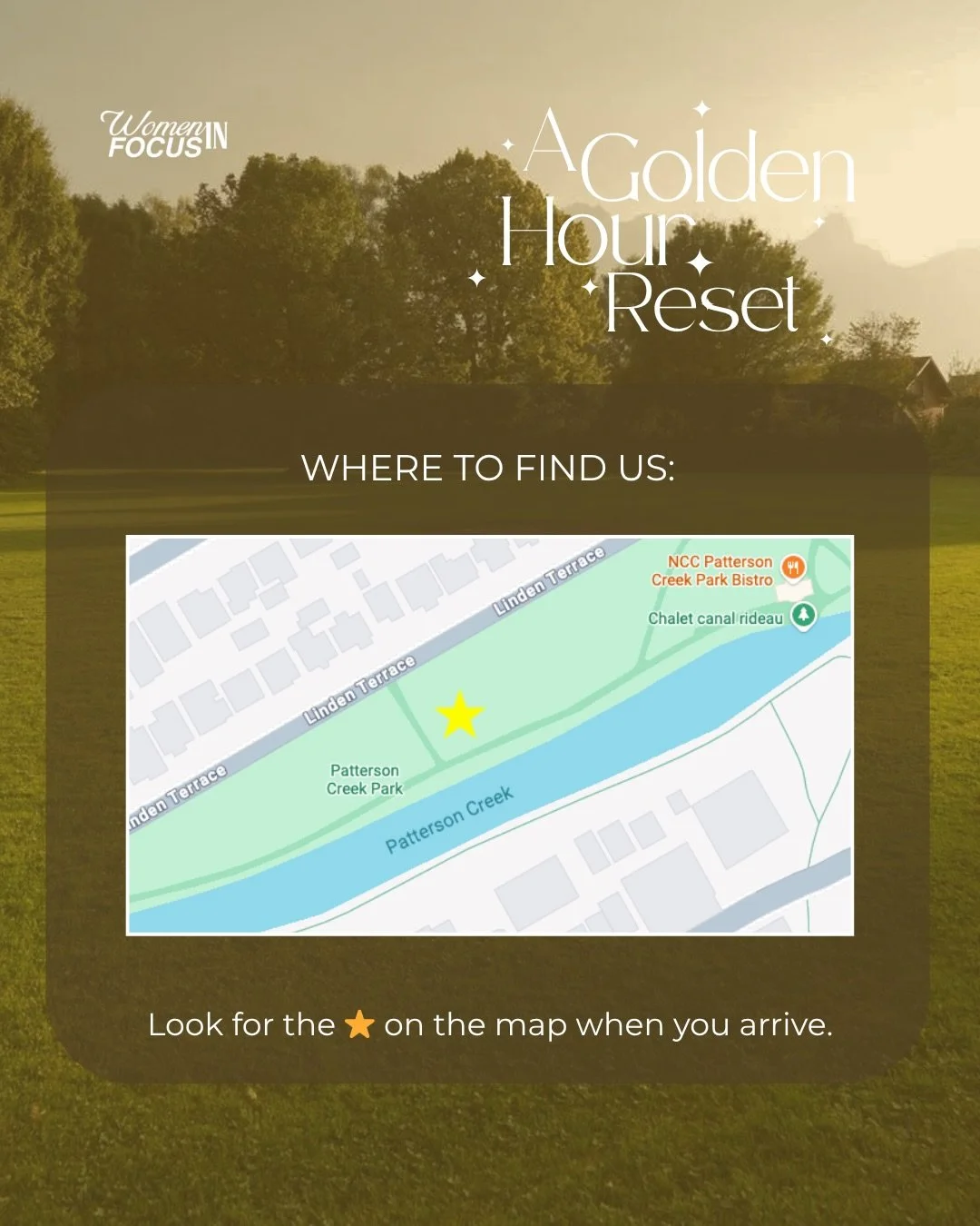 We&rsquo;re officially less than one week away from our Golden Hour Reset, and we seriously cannot wait for this evening together!!!!✨ 

A little preview of where we&rsquo;ll be gathering next Wednesday evening 🤍

Join us at Pattersons Creek Park on