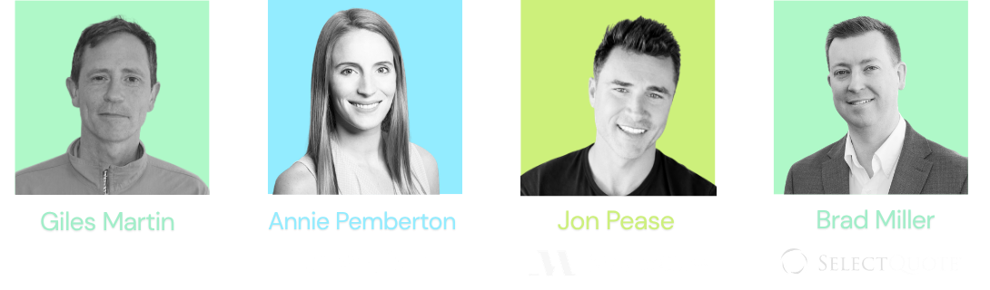 Quarterly team photo showing five people, with colored background behind each person, names: Giles Martin, Annie Pemberton, Jon Pease, Brad Miller.
