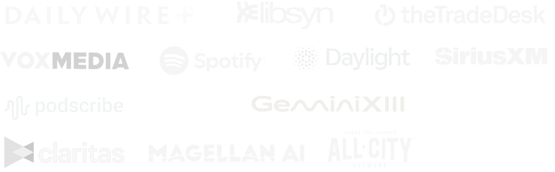 Black background with white logos and text of various media outlets and companies including Daily Wire, ilosyn, theTradeDesk, VOXMEDIA, Spotify, Daylight, SiriusXM, podscribe, dax, GeminiXIII, RedSeat Ventures, claritas, MAGELLAN AI, ALL:CITY, and OXFORD.