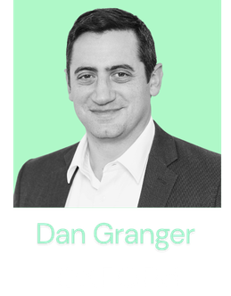 Black and white portrait of a man in a suit against a light green background, with the name 'Dan Granger' in colorful text below the image.