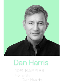 Black and white portrait of Dan Harris smiling, with a mint green background and text with his name and credentials.