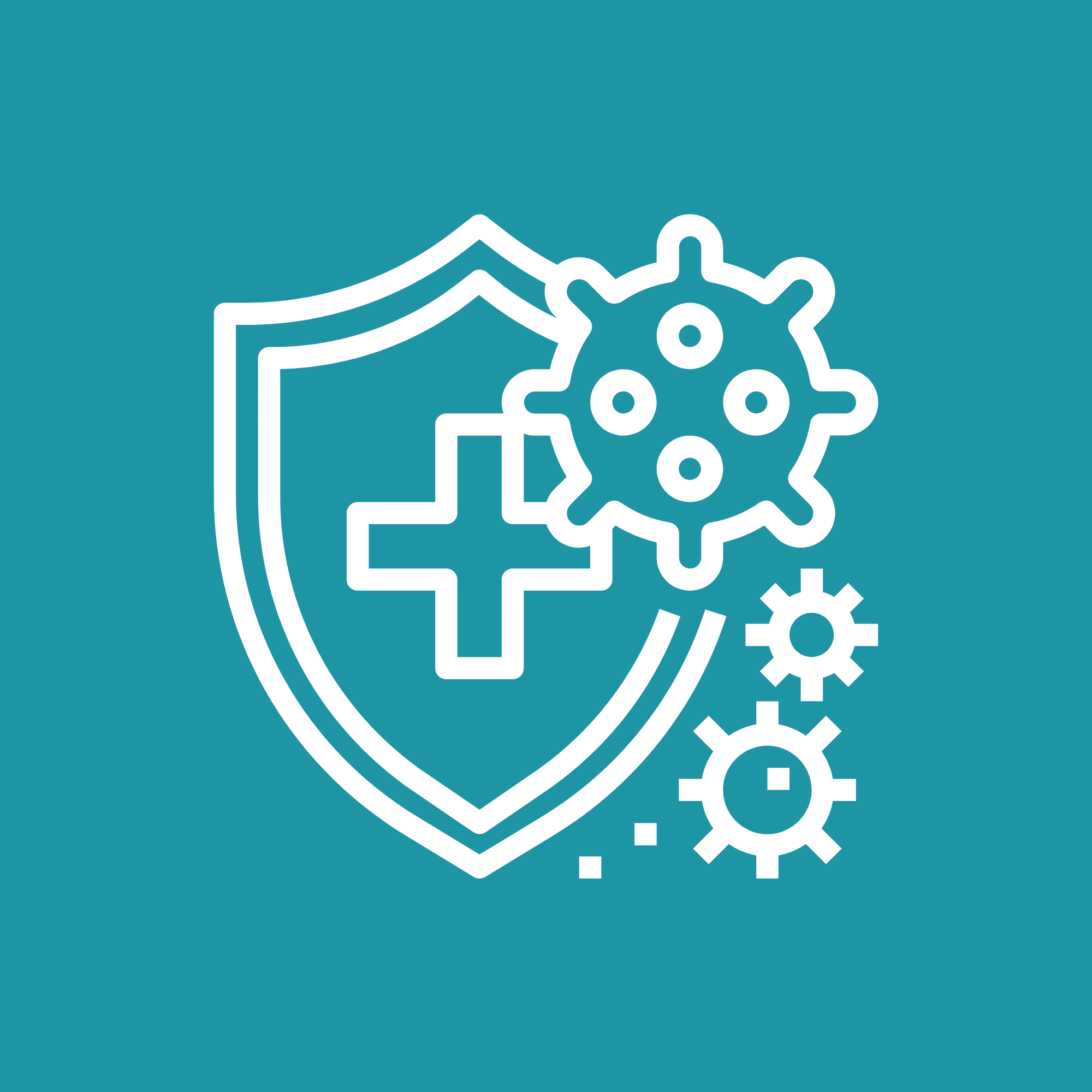 Shield with cross symbol, virus particles, and gears indicating health protection against germs.