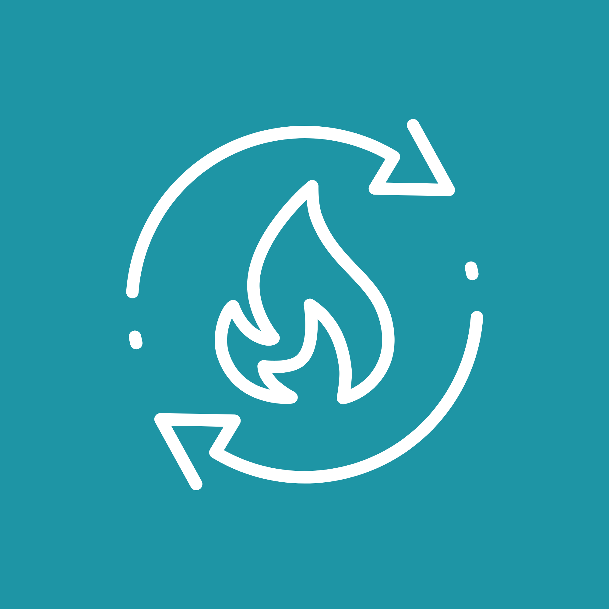 Icon of a flame inside a recycling circle, indicating recycling of fire-related or energy resources.