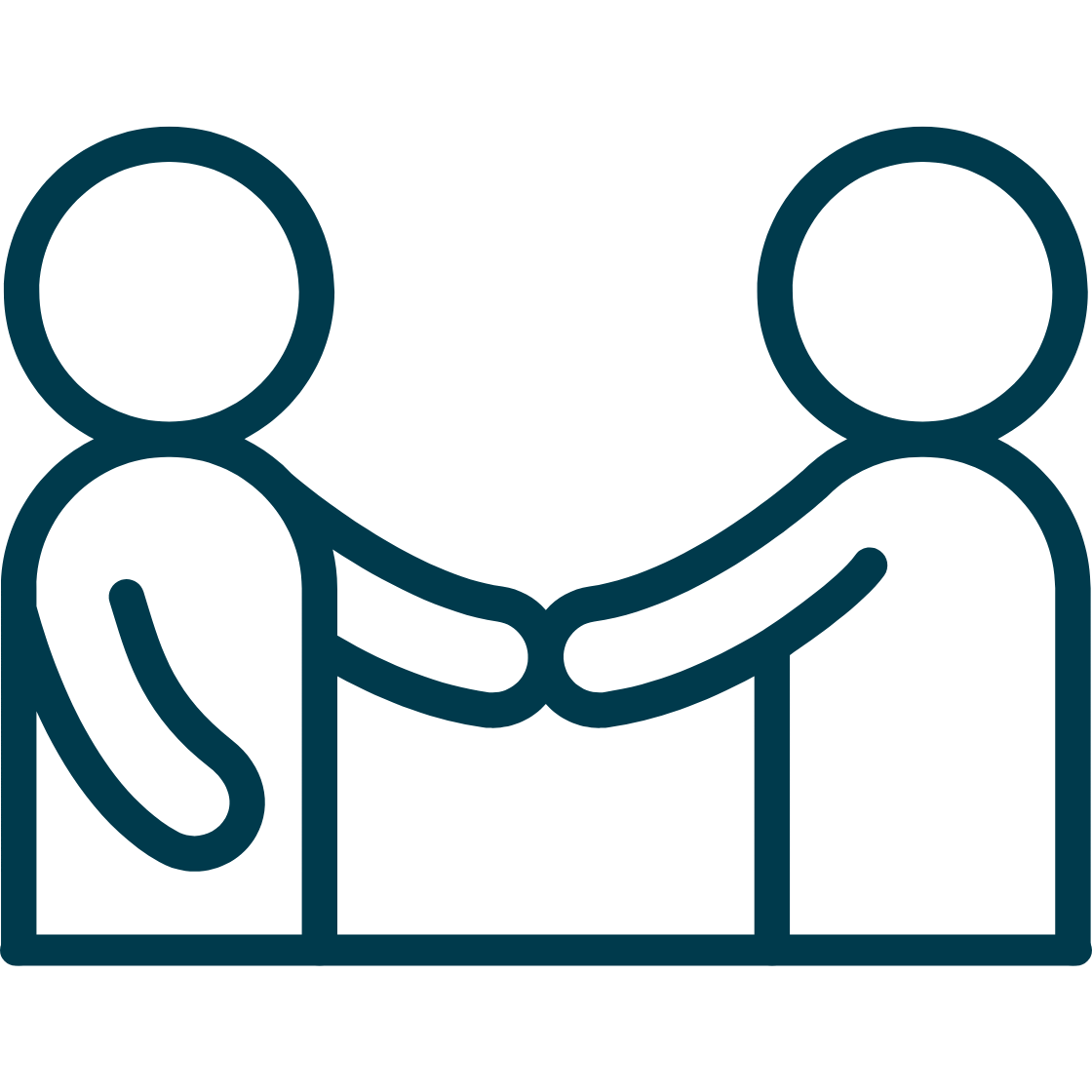 Two simplified figures shaking hands, representing cooperation or greeting.