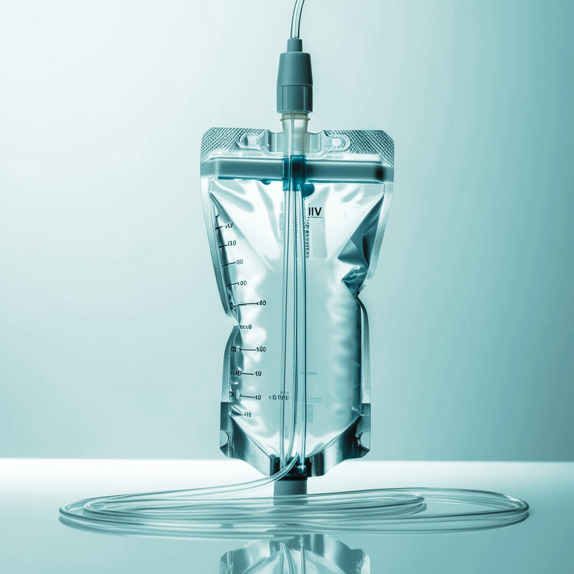 An intravenous (IV) drip bag filled with liquid, hanging with a tube connected at the bottom, on a plain background.