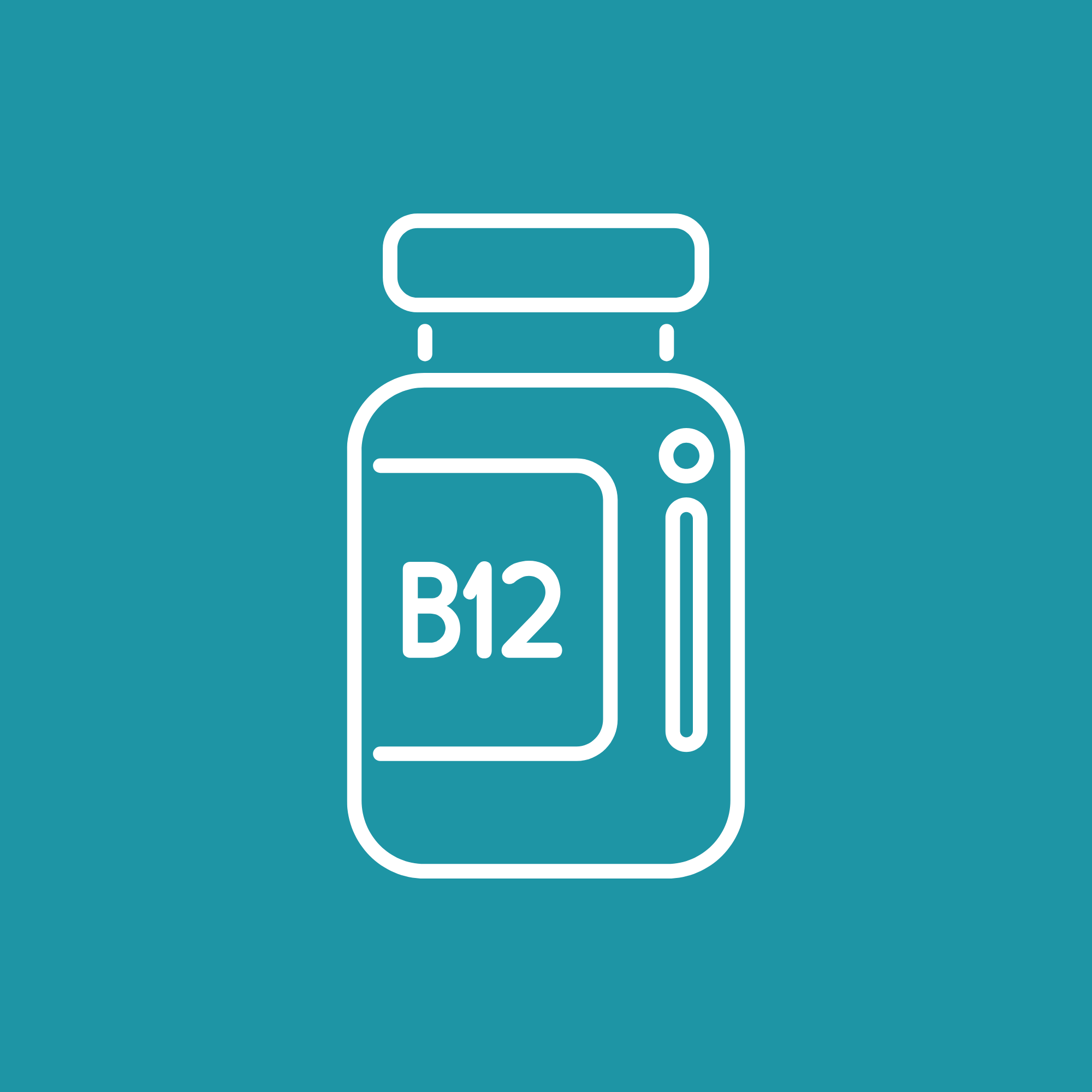 Icon of a medication bottle labeled B12 against a teal background.