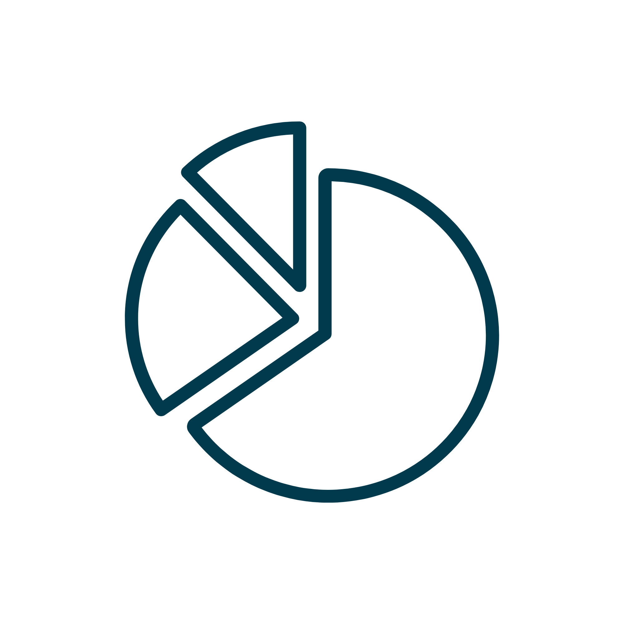 Outline of a pie chart divided into five sections, with one section separated from the rest.