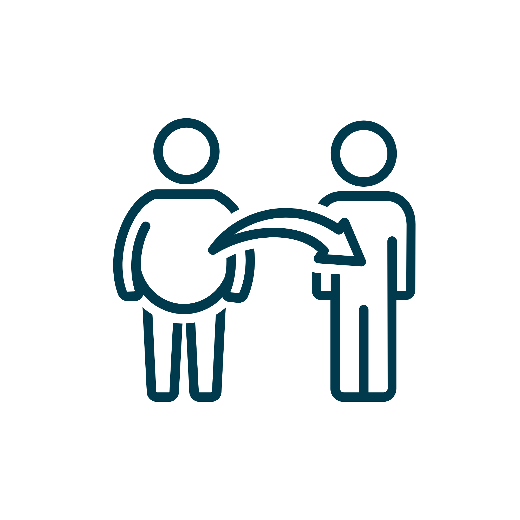 Line art icon of one person handing over an object to another person.