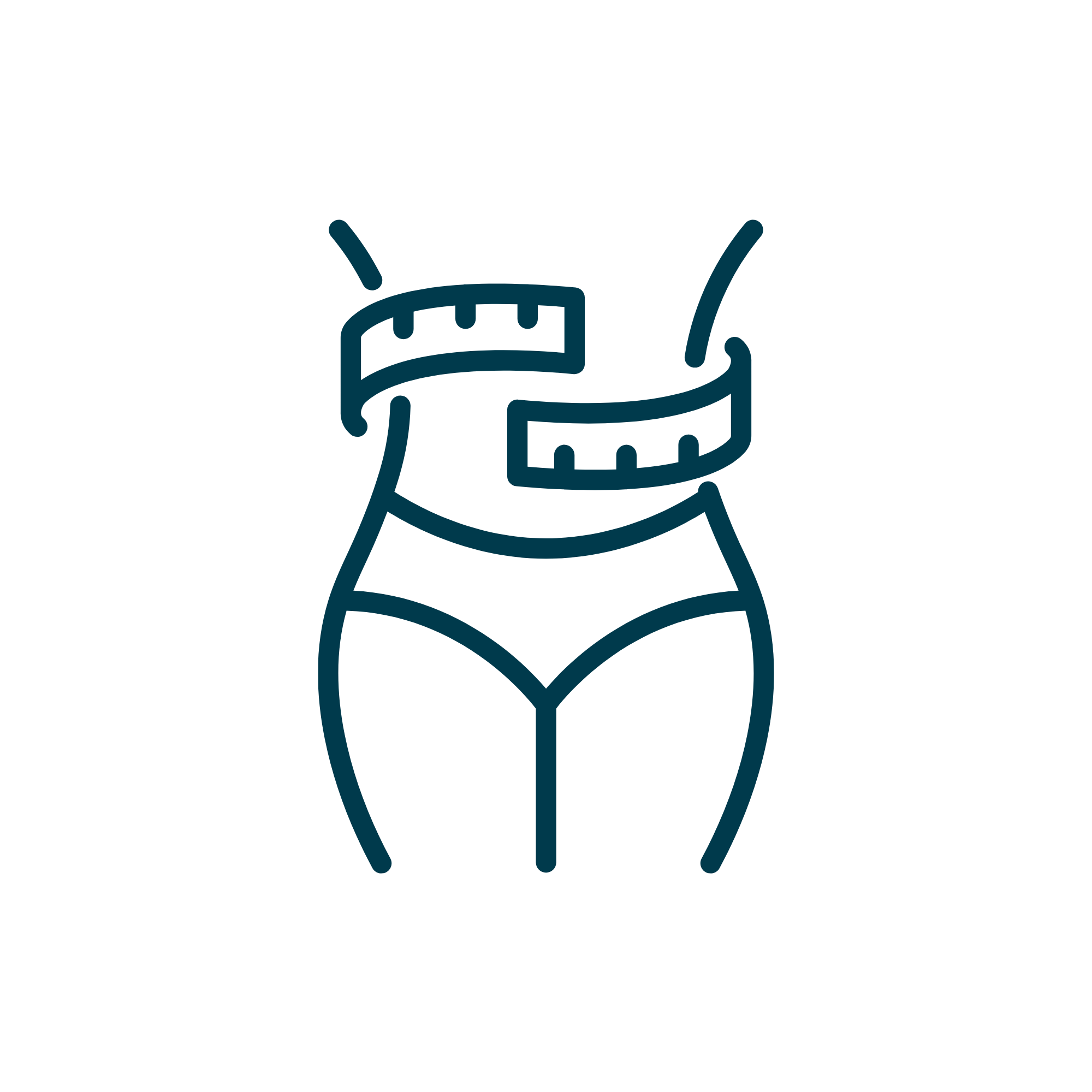 Minimalist line drawing of a human waist wearing underwear, with a measuring tape wrapped around the waist.
