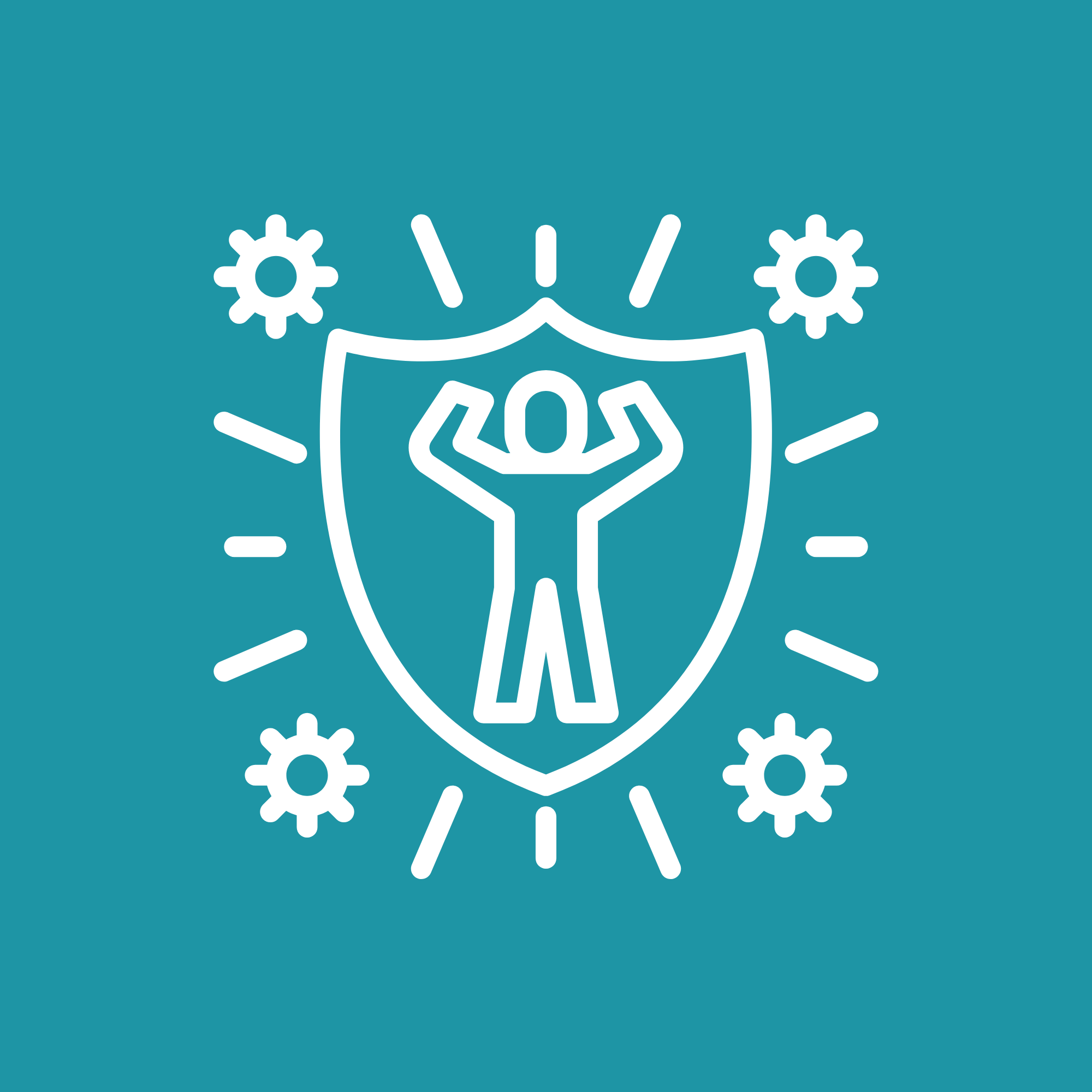 Line drawing of a person inside a shield, surrounded by rays and gears, symbolizing protection and immunity.