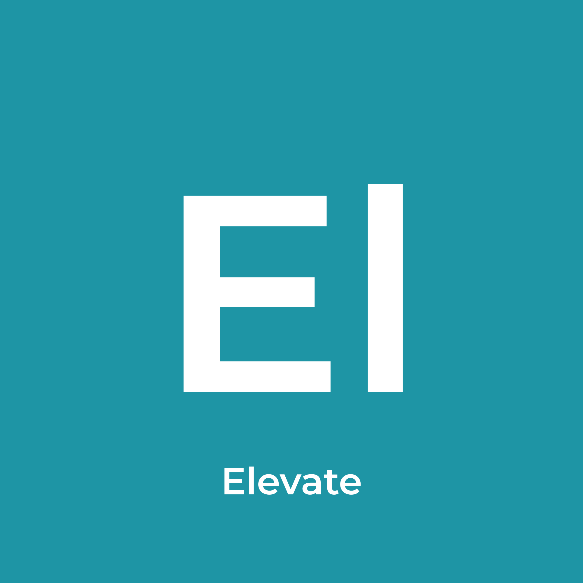 Blue background with large white letter 'E' and a vertical white line next to it, with the word 'Elevate' written below.
