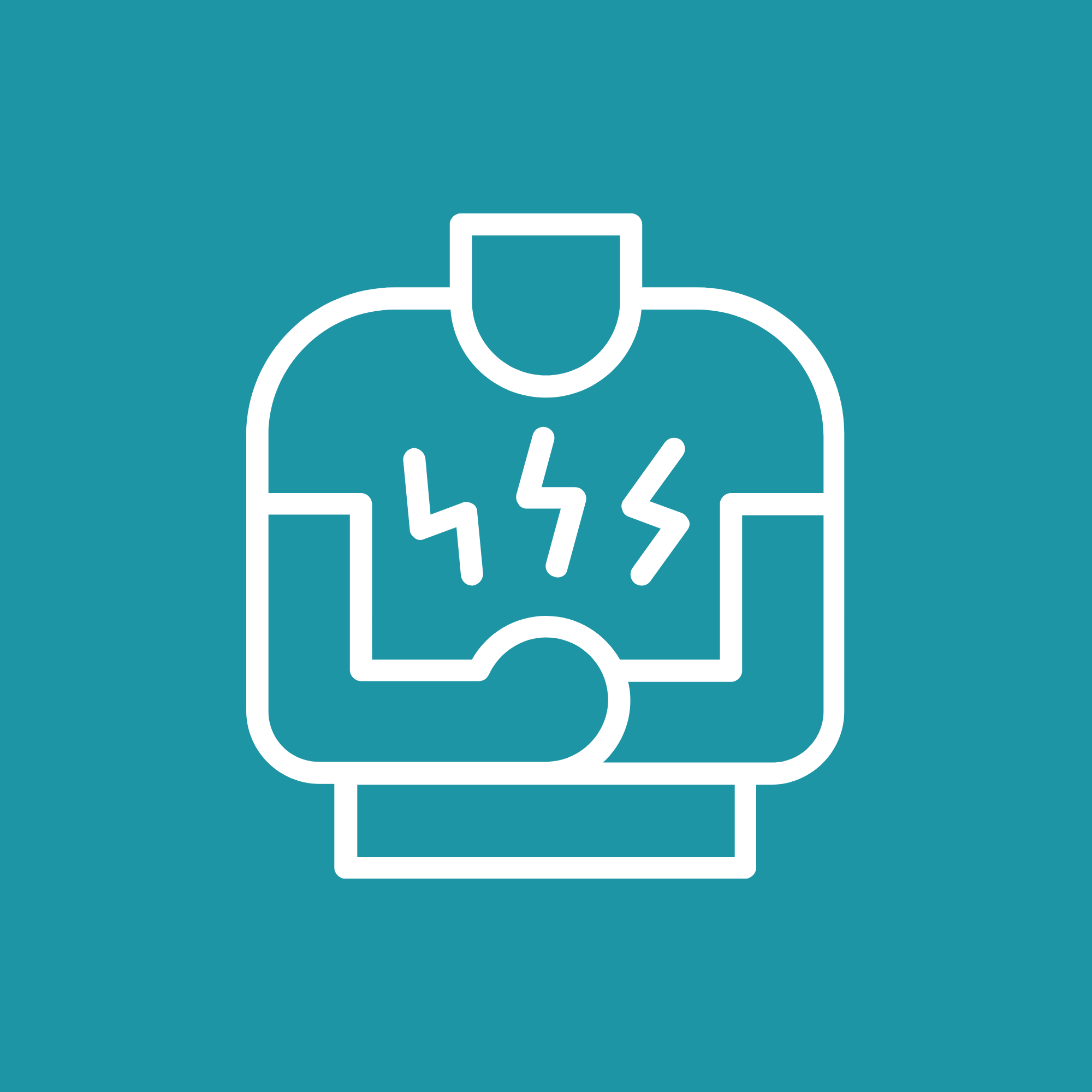 Outline of a person experiencing chest pain or heart-related issue, indicated by lightning bolts on the chest, on a blue background.