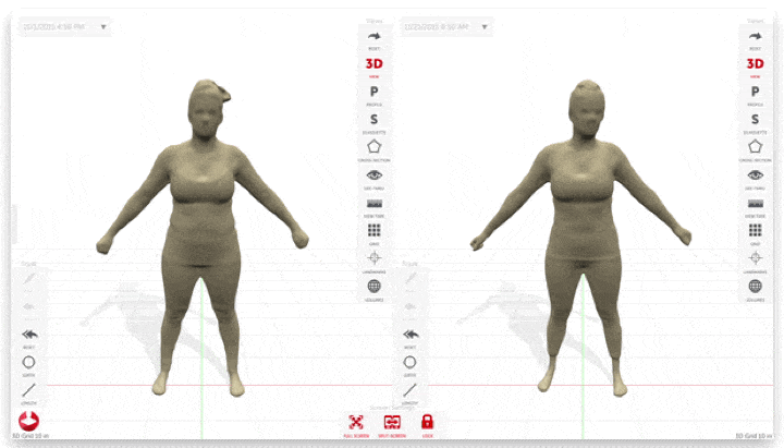 Dual 3D scan images of a woman's upper body with arms slightly extended, captured from the front and side views.