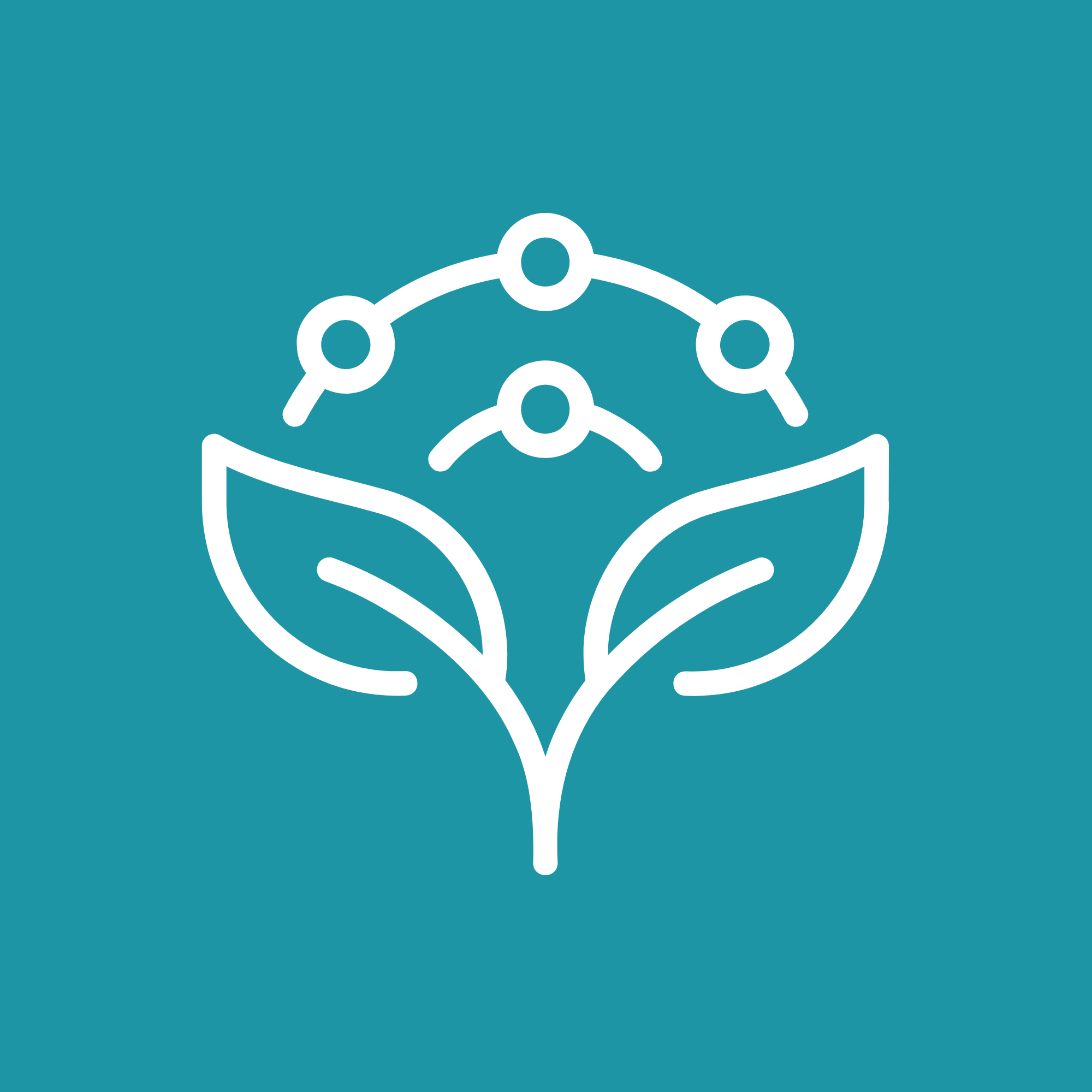 Icon of a plant with leaves and a network of connected dots above it.