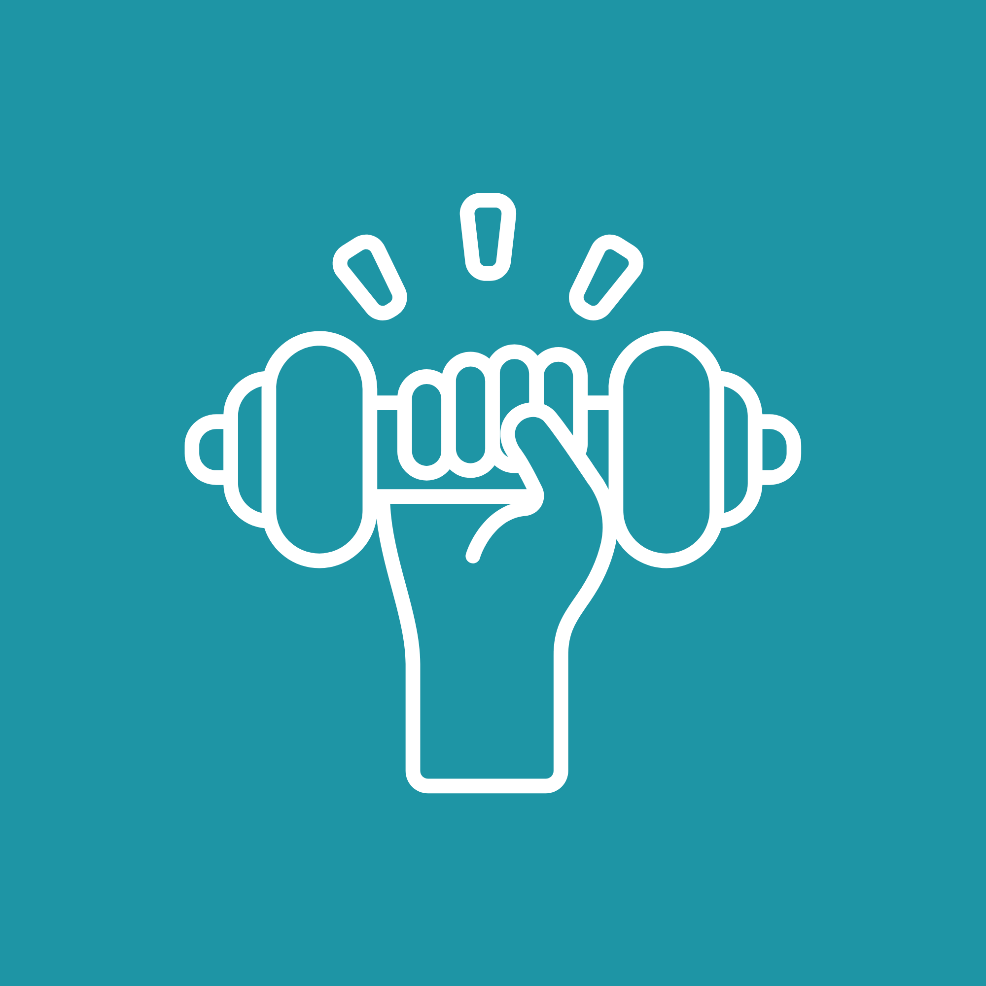 Line drawing of a hand gripping a dumbbell with motion lines around it, on a teal background.