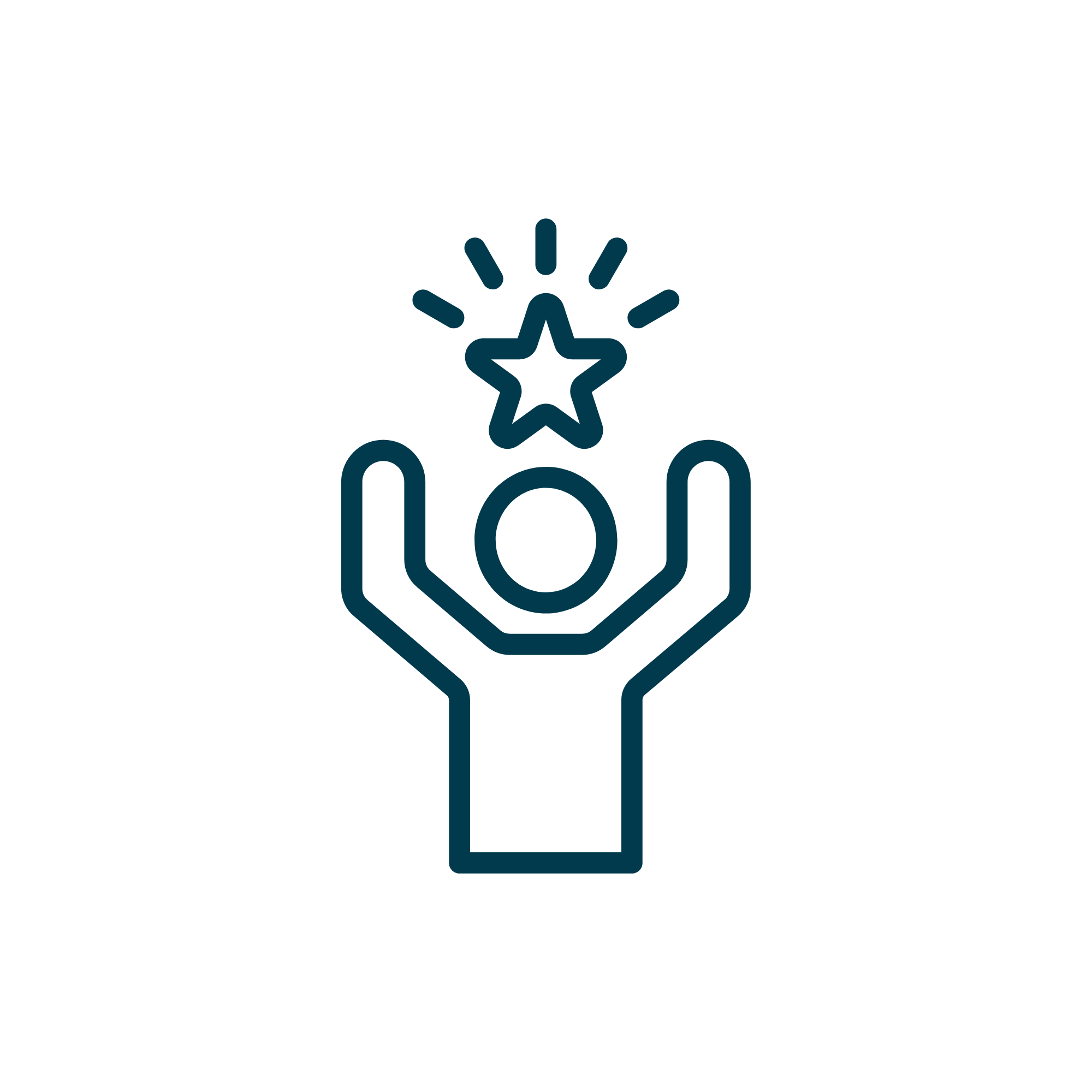 An outline of a person with arms raised, holding a star with rays emanating from it.