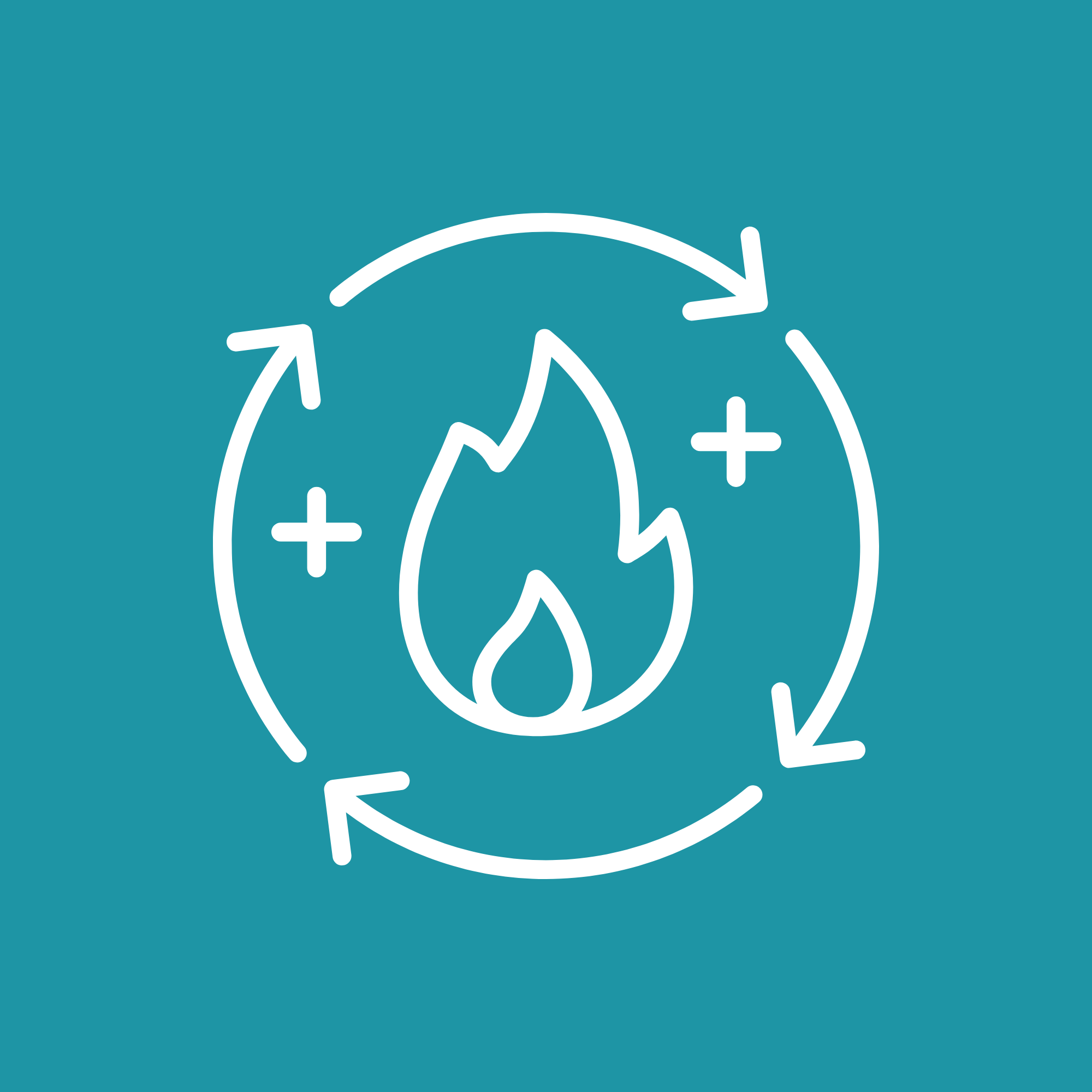 Icon of a flame at the center surrounded by a circular arrow with plus signs, representing a heat energy cycle.