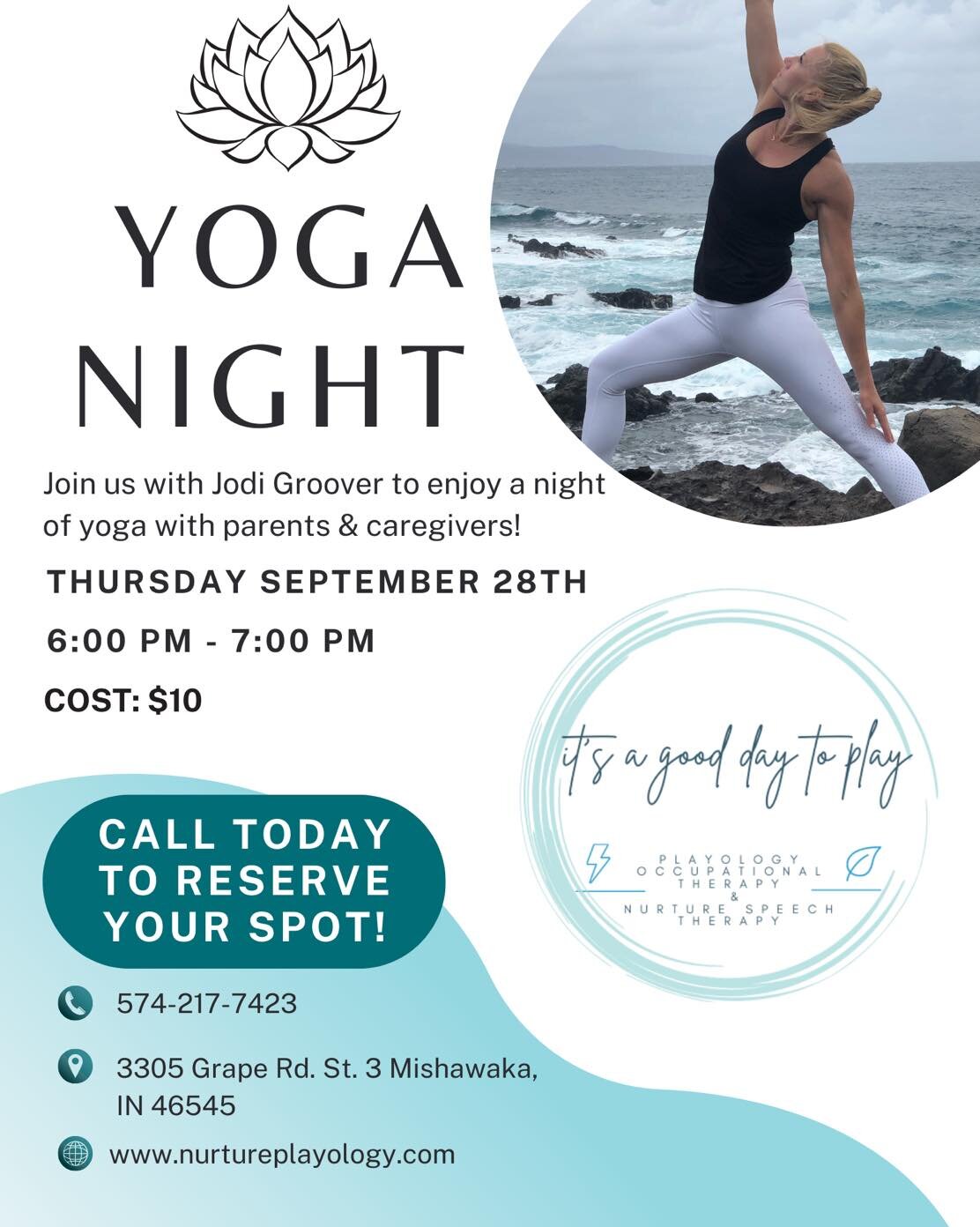 Join us on September 28th at 6PM for a yoga night for the parents and caregivers! We are happy to welcome Jodi Groover to lead the one hour class and teach us all things yoga! There are limited spots for this event so please call us OR send us a mess