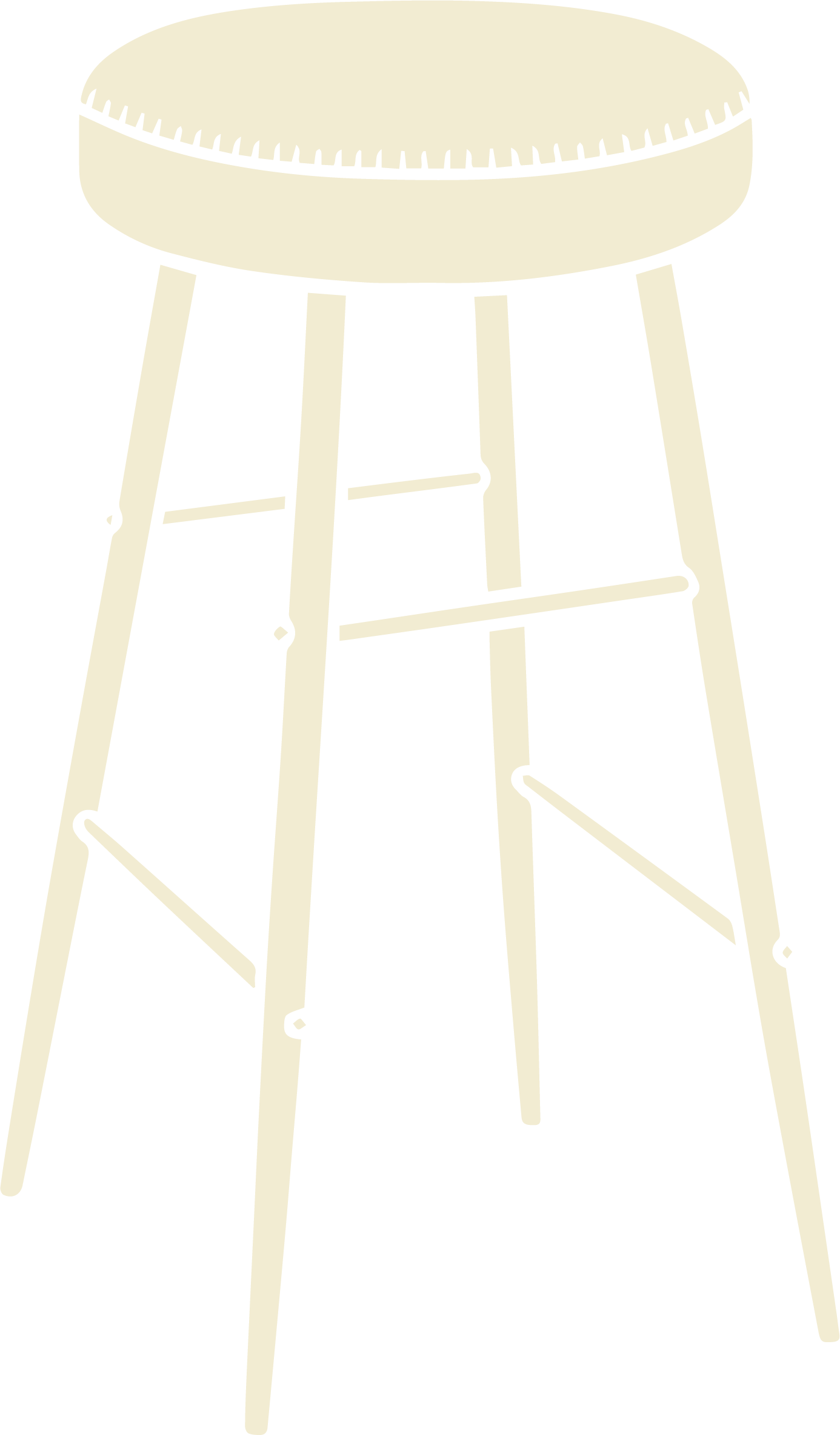 A black and white illustration of a round, padded stool with four tall, slightly angled legs and two supporting crossbars.
