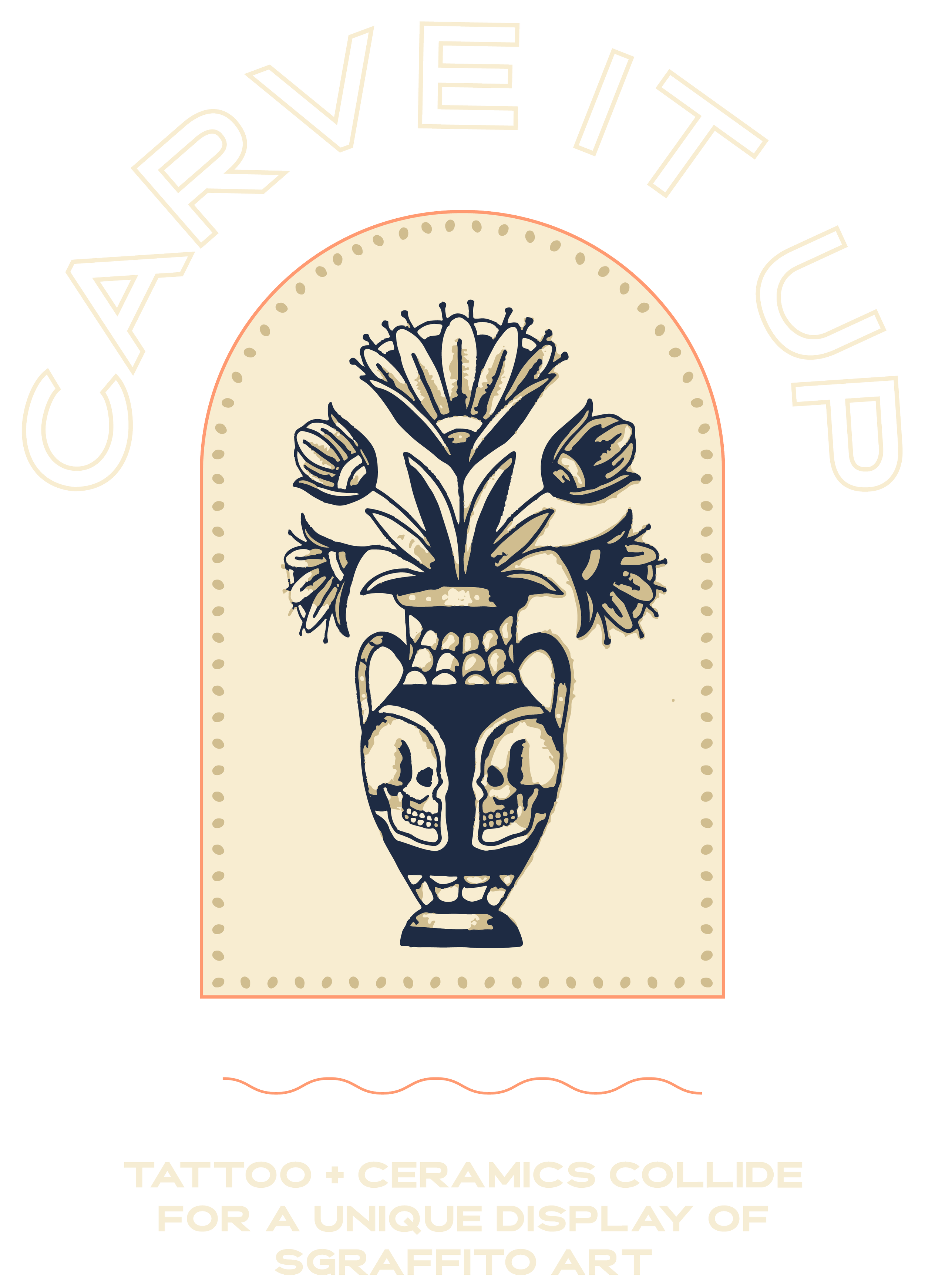 A ceramic vase with skulls and floral designs, used as a tattoo art display, with colorful text in the background.