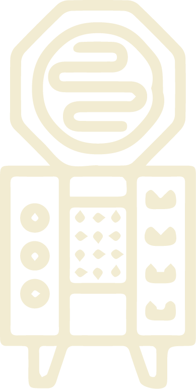 Line drawing of a vintage telephone with a rotary dial and a corded handset.