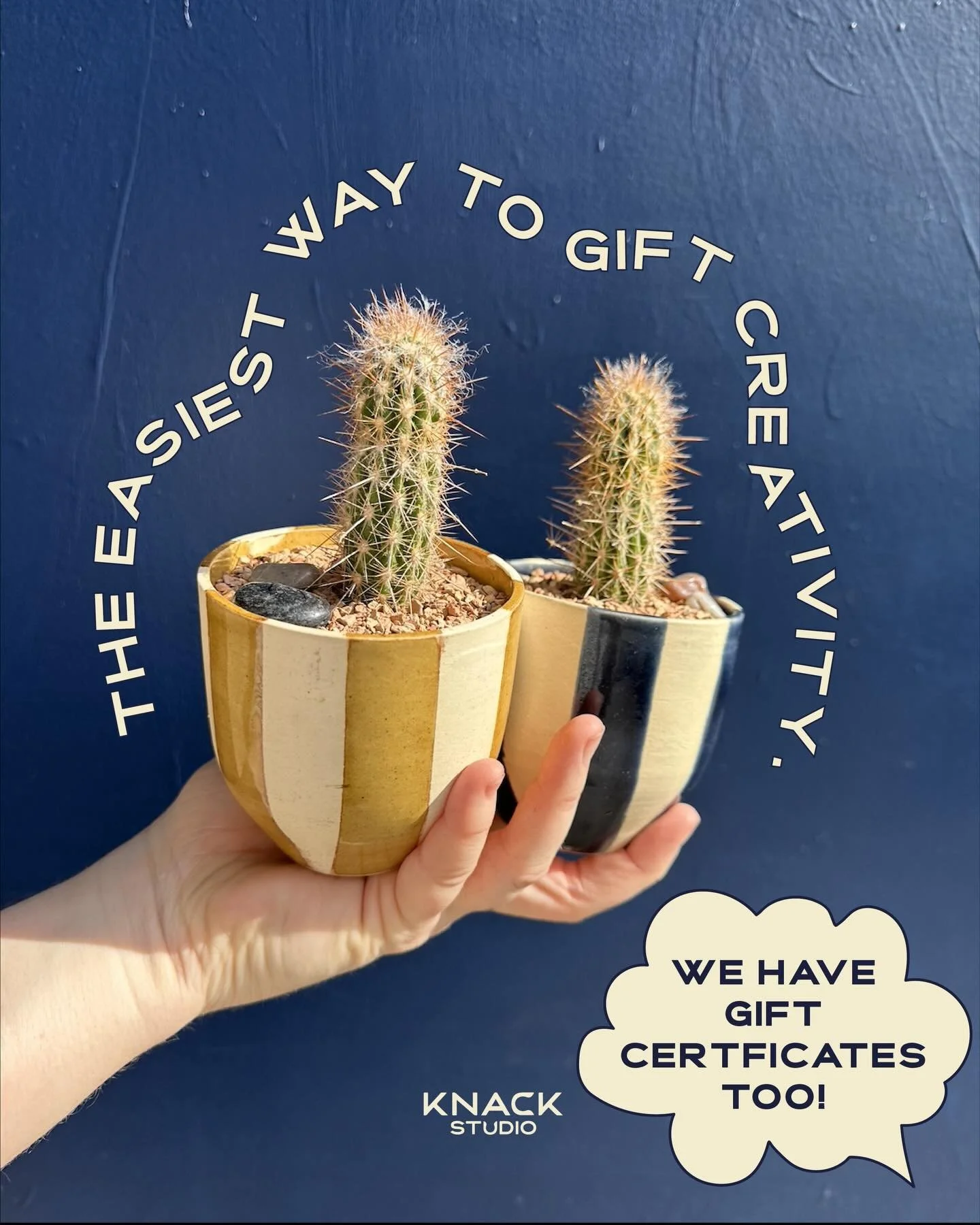 The easiest way to gift creativity! 🌵🎨✨ 

Knack gift certificates can be used for classes, workshops, plants, and thoughtful handmade goods at any Knack Studio location. Perfect for the makers, plant lovers, and &ldquo;I-don&rsquo;t-need-more-stuff