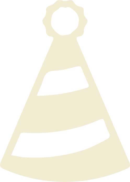 Simplified illustration of a party hat with stripes and a pom-pom on top.