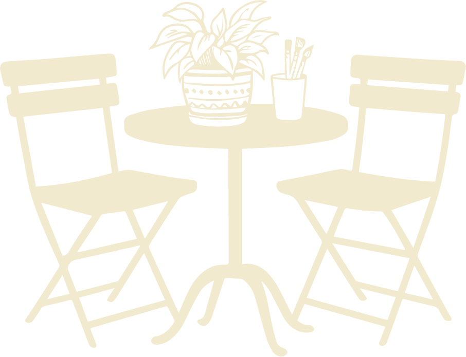 A silhouette of a round table with two chairs, a potted plant, and a container with pencils.