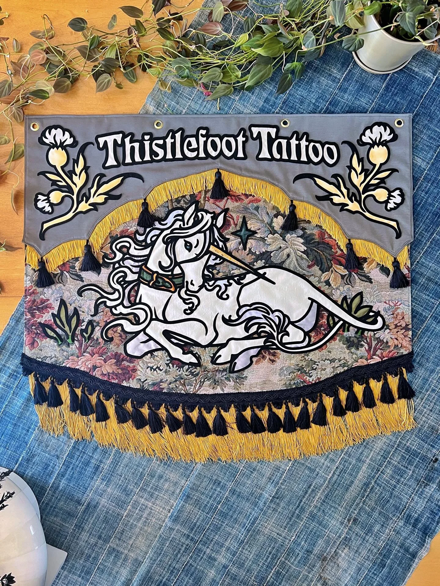 THE UNICORN. Custom for @thistlefoot.tattoo 

This banner turned out even better than I could imagine. Literally! When I sent the mock-up to Tori, they had the idea that they wanted to use their own specific fabric. 

A quick parcel exchange later, t
