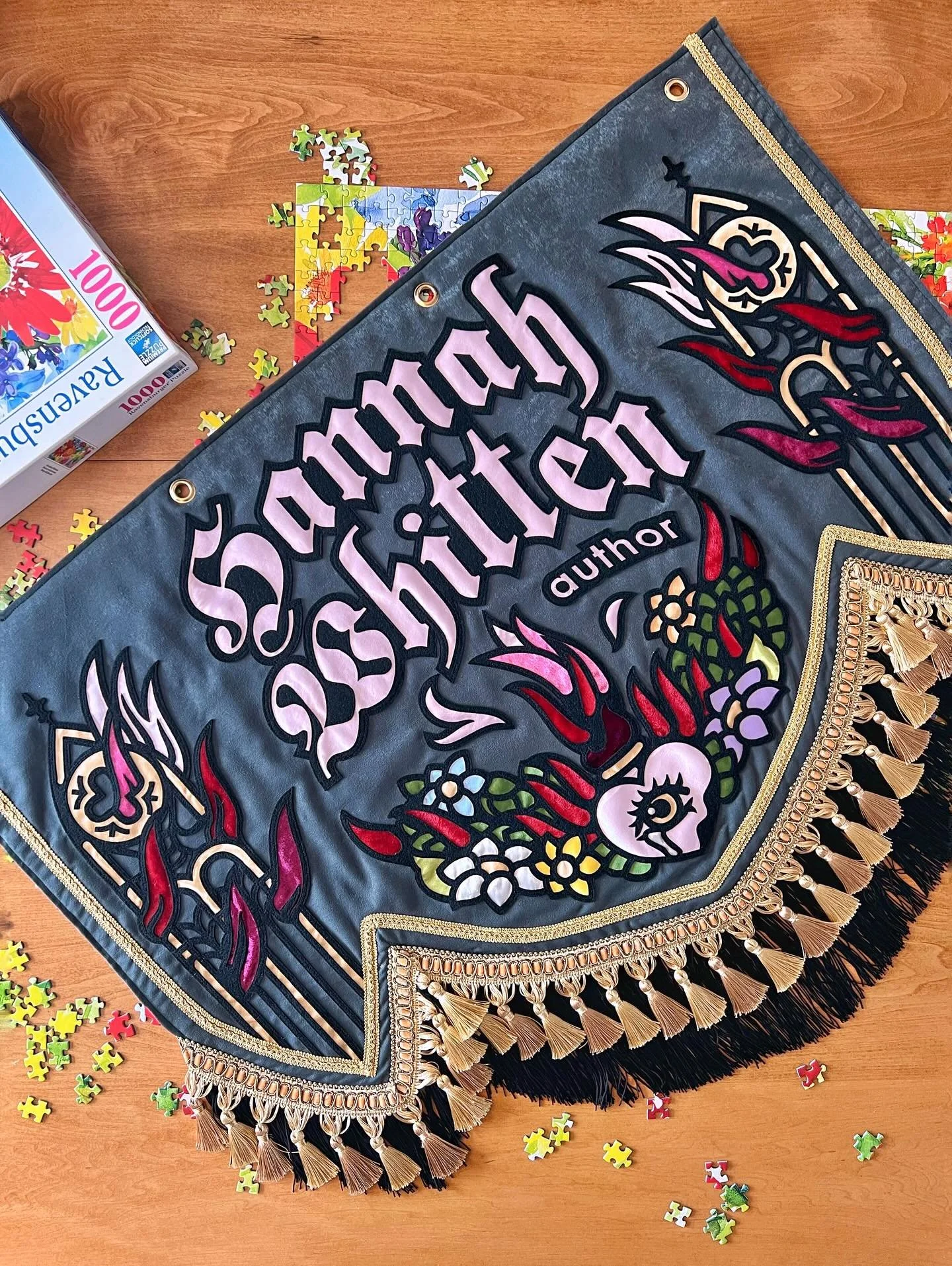 THE WEAVER. Custom for @hwhittenwrites 

Thank you for the long leash🐶 We met at the incomparable @literaryink last summer. I was ready to tone the design down, and Hannah said NO, SIR😤🛑✋

I love a good gothic motif and pointed arch. Best among th