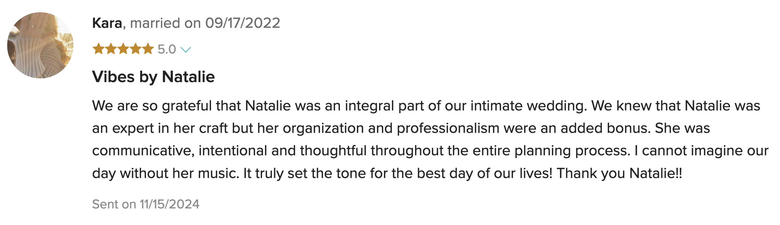 Testimonial review with a profile picture of a woman with blonde hair wearing a beige sweater, showing her hand with a wedding ring.