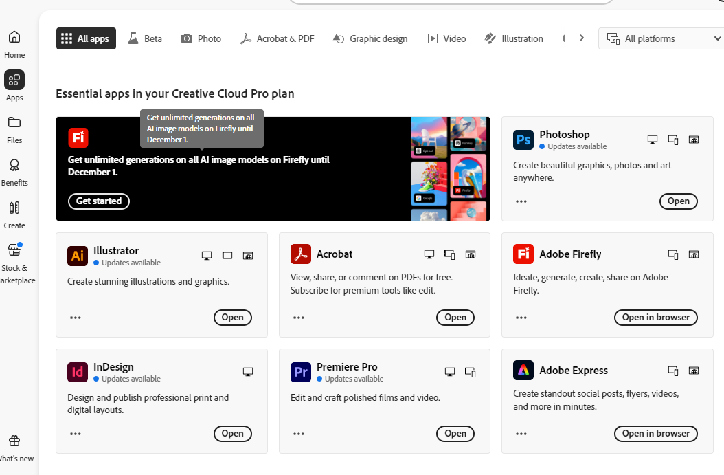 Looking at the Apps section of the Creative Cloud app.