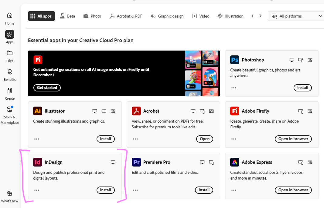 App screen of the Creative Cloud app with the InDesign section highlighted by pink lines.