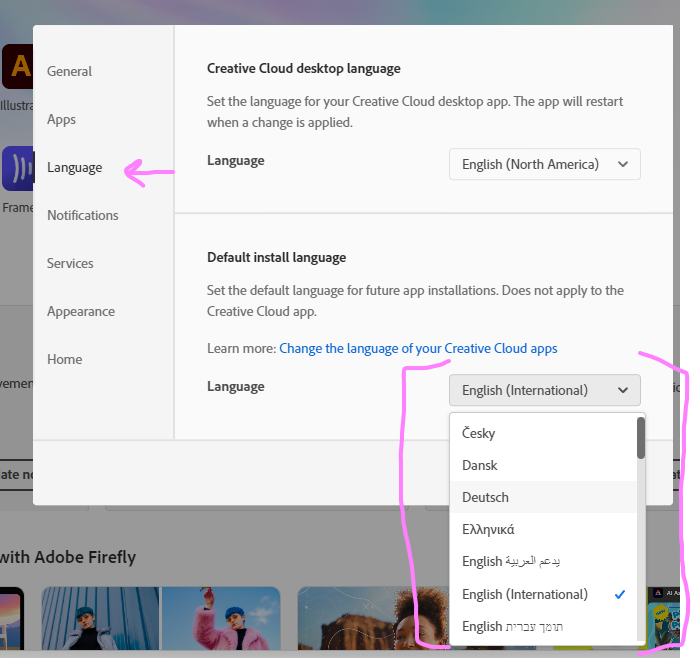 Menu options dropdown in Creative Cloud for installing different languages for InDesign.