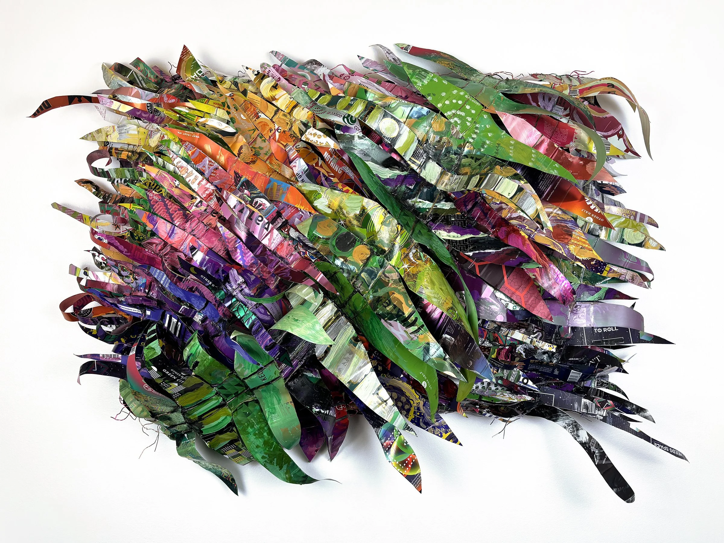 Pick Me Up, 2026, repurposed aluminum cans, wire, paint, 29 h x 36 w x 9 d