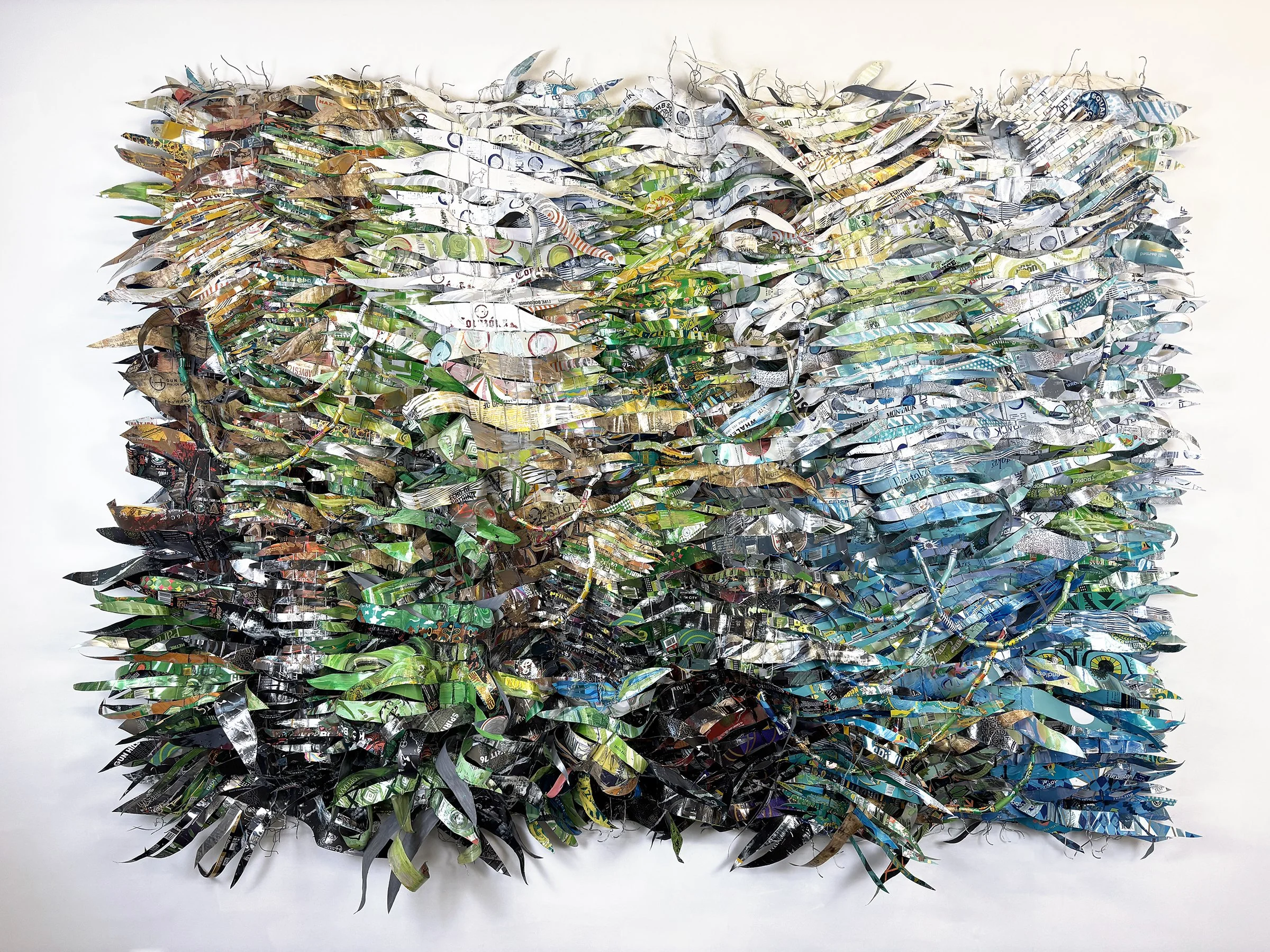 Ebbs & Flows, 2026, repurposed aluminum cans, wire, paint, 68 h x 88 w x 11 d

This work draws from drought, rain and snow records during 2025 across the United States.