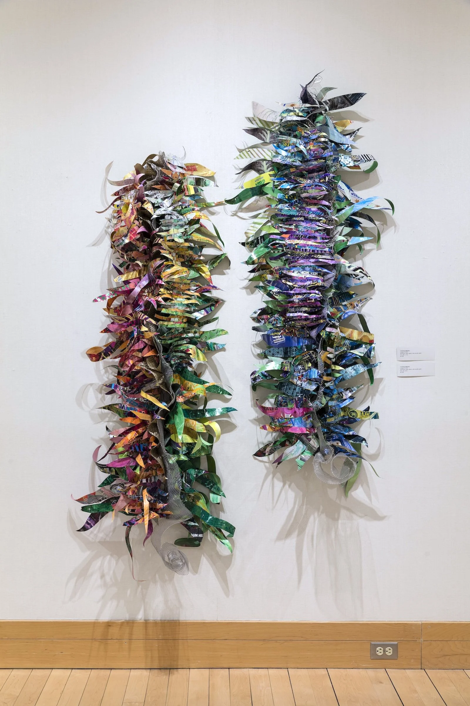 Pair of Lineas, 2023, acrylic on repurposed aluminum with wire and fabric, 
80h x 60w x 12d in (approximately)
