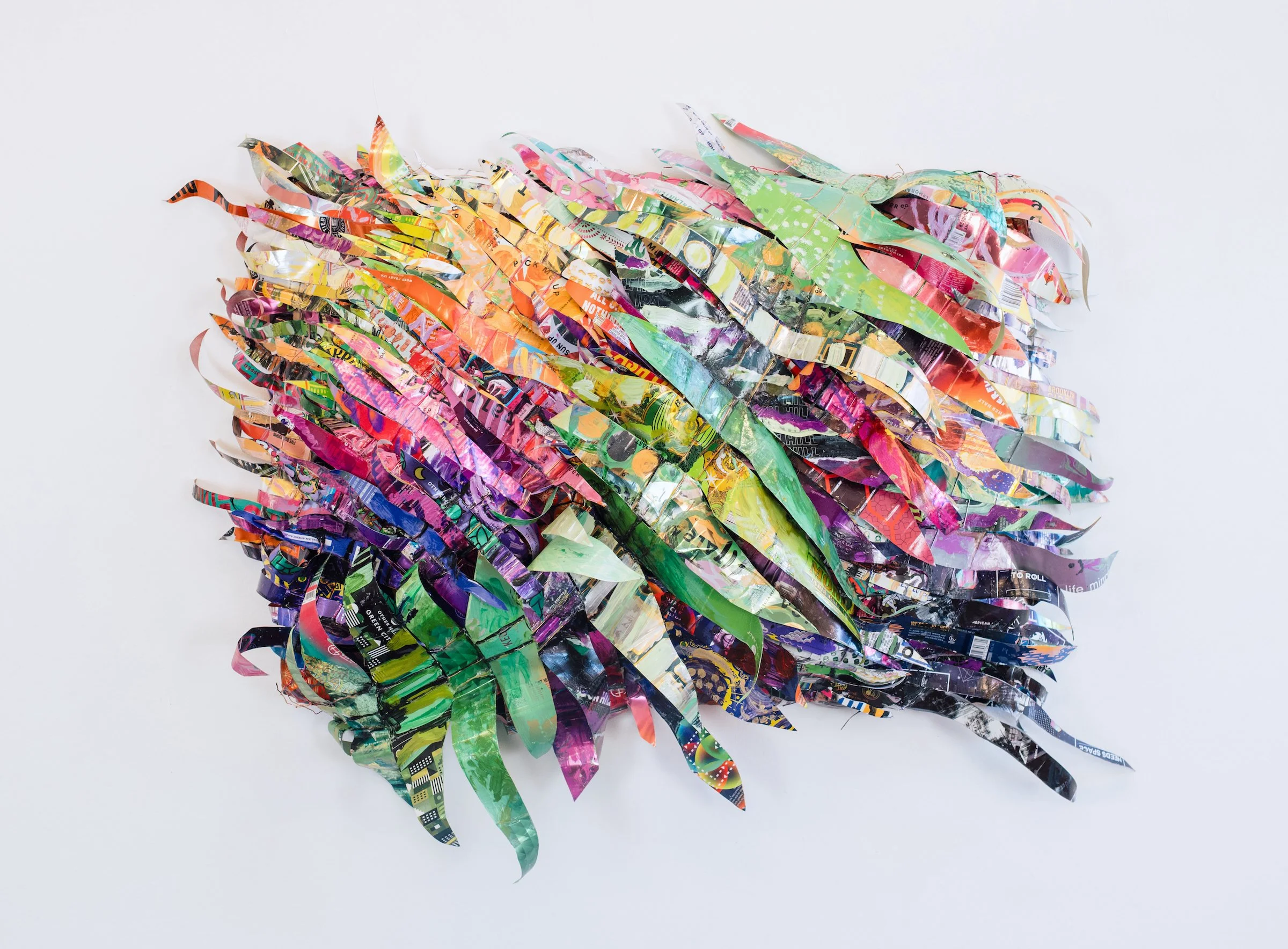 Pick Me Up, 2026, repurposed aluminum cans, wire, paint, 29 h x 36 w x 9 d