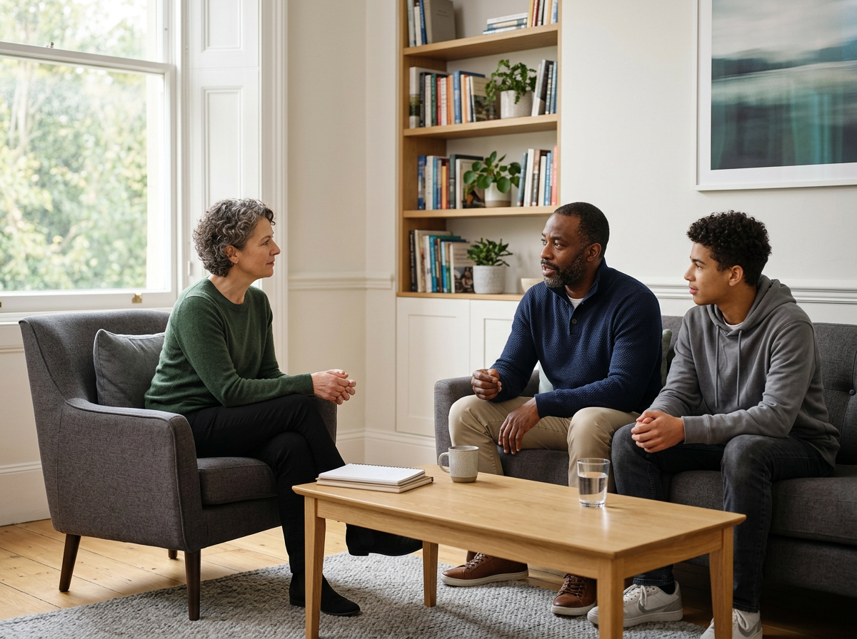 Three people engaged in a serious conversation in a bright living room with a bookshelf and framed art, sitting on sofas and a chair.