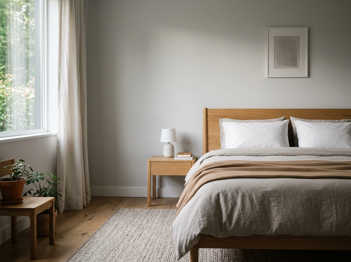A bedroom with a wooden bed frame, white pillows, beige blanket, nightstand with a lamp and books, a window with curtains, and a potted plant on a small table.