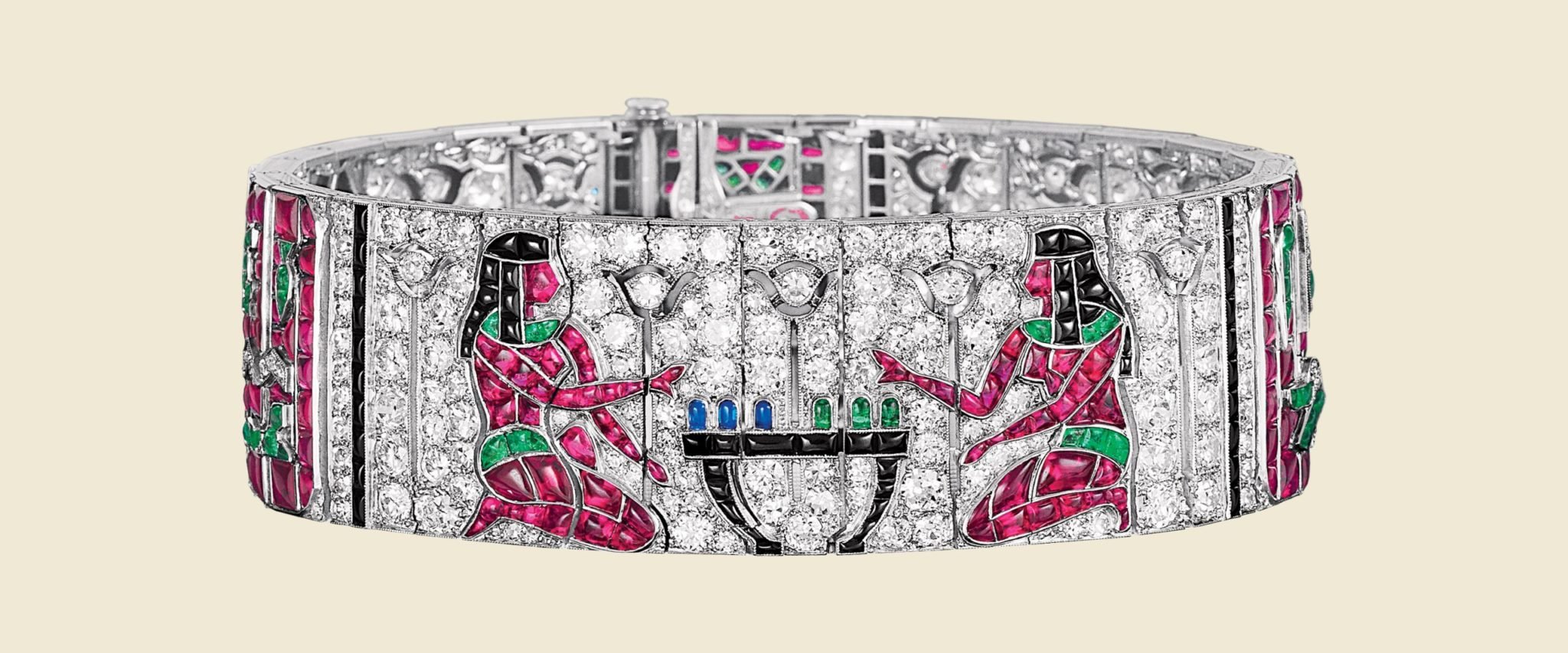 Van Cleef &amp; Arpels, bracelet d’inspiration égyptienne, platine, émeraudes, rubis, onyx, diamants
