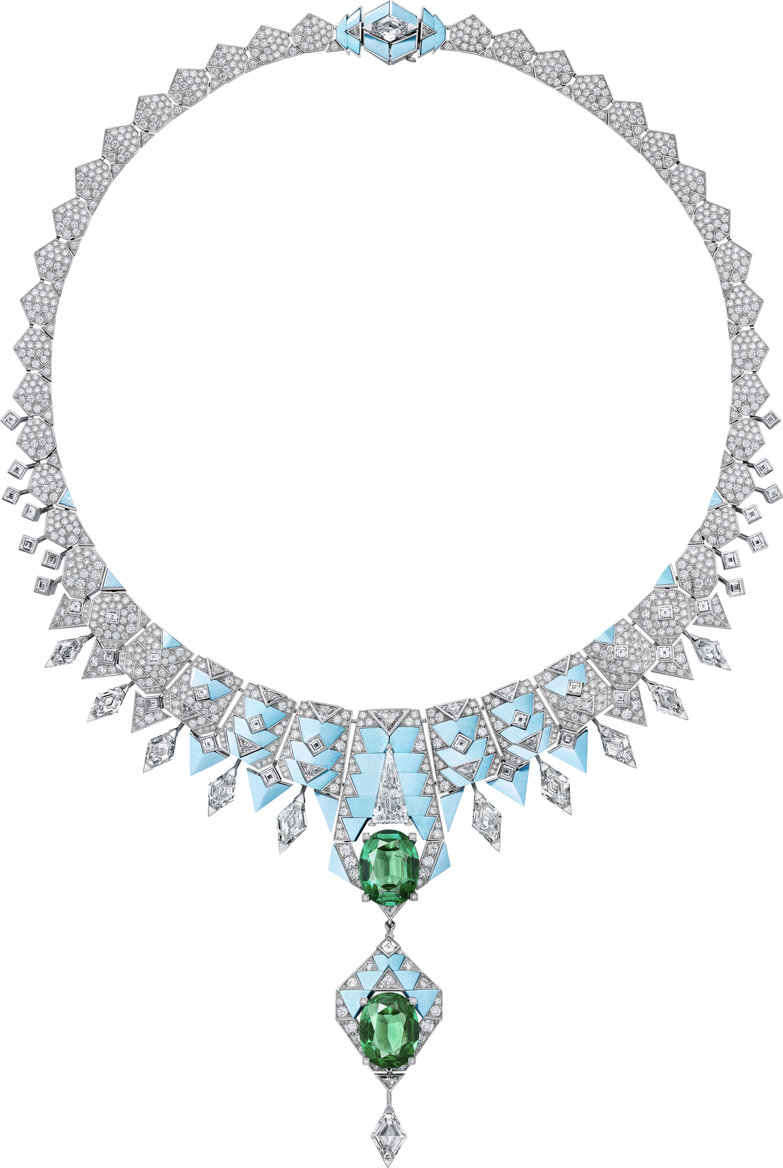 CARTIER Collier Girih platine, émeraudes, turquoise, diamants.png