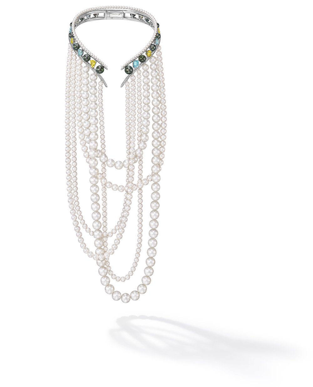 TASAKI Collier Ocean Light or blanc perles Akoya, diamants, perles des mers du Sud noires, zircons bleus, tourmalines jaunes.jpg