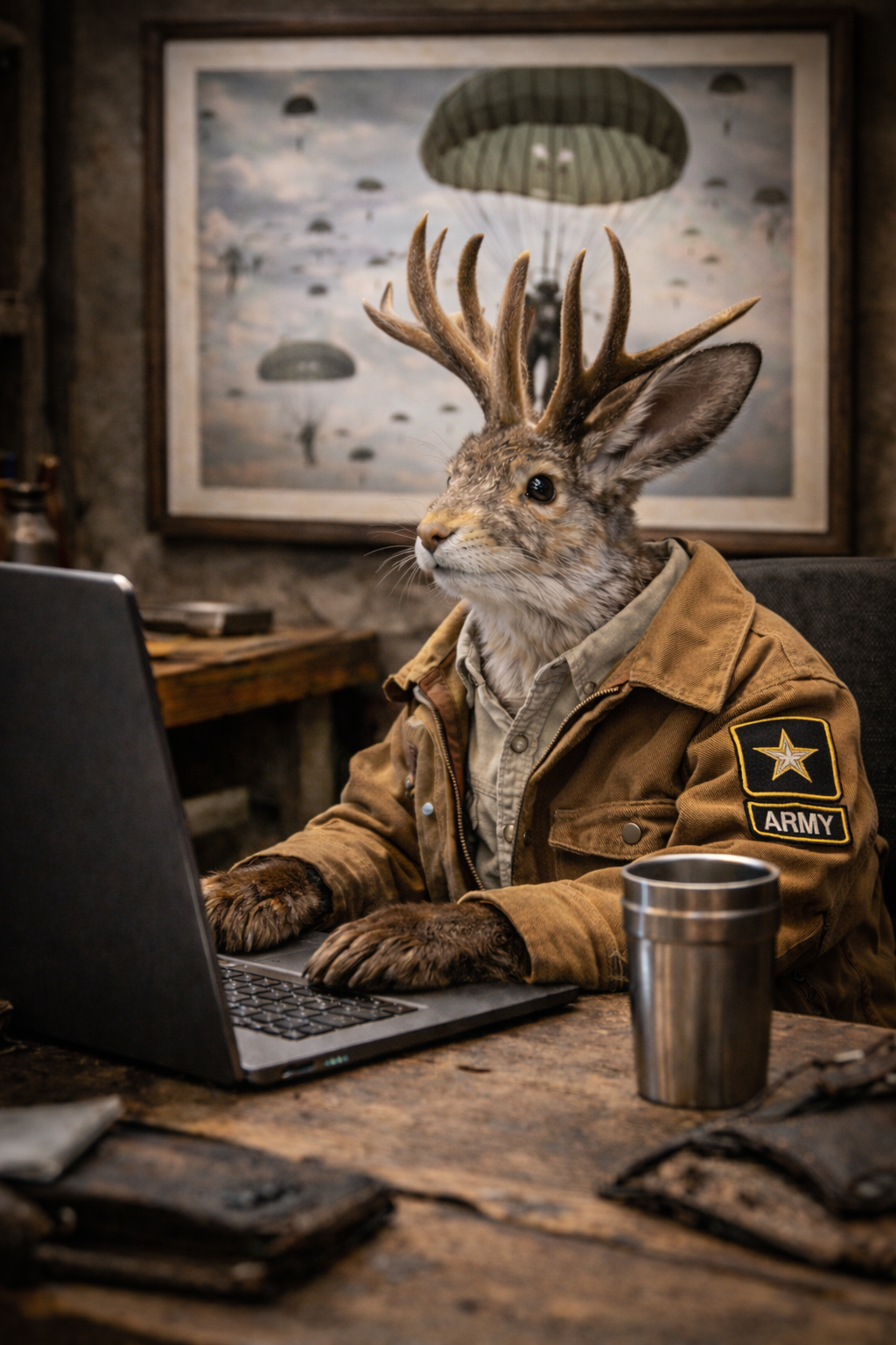 A humanoid animal with the body of a deer, including antlers, and the head of a rabbit, sitting at a desk using a laptop. The animal is clad in military-style clothing with an 'ARMY' patch on the sleeve. A metal tumbler is on the desk, and a framed picture of paratroopers descending with parachutes is in the background.