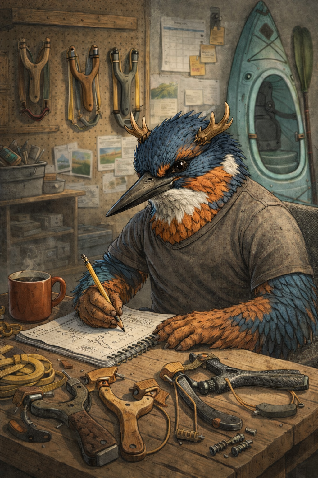 A human-like bird creature with a blue and orange feathered face, antlers, and bird beak, sitting at a workbench in a workshop. The creature is sketching on a notepad, surrounded by guns, gun parts, and hand tools. The workshop has a pegboard with tools, a kayak, posters, and a calendar on the wall.