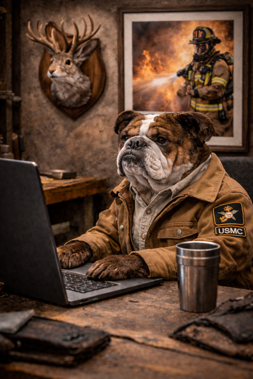An anthropomorphic bulldog dressed as a US Marine sitting at a desk using a laptop, with a metal tumbler on the desk, in a rustic room decorated with a mounted deer head and a firefighter photograph in the background.