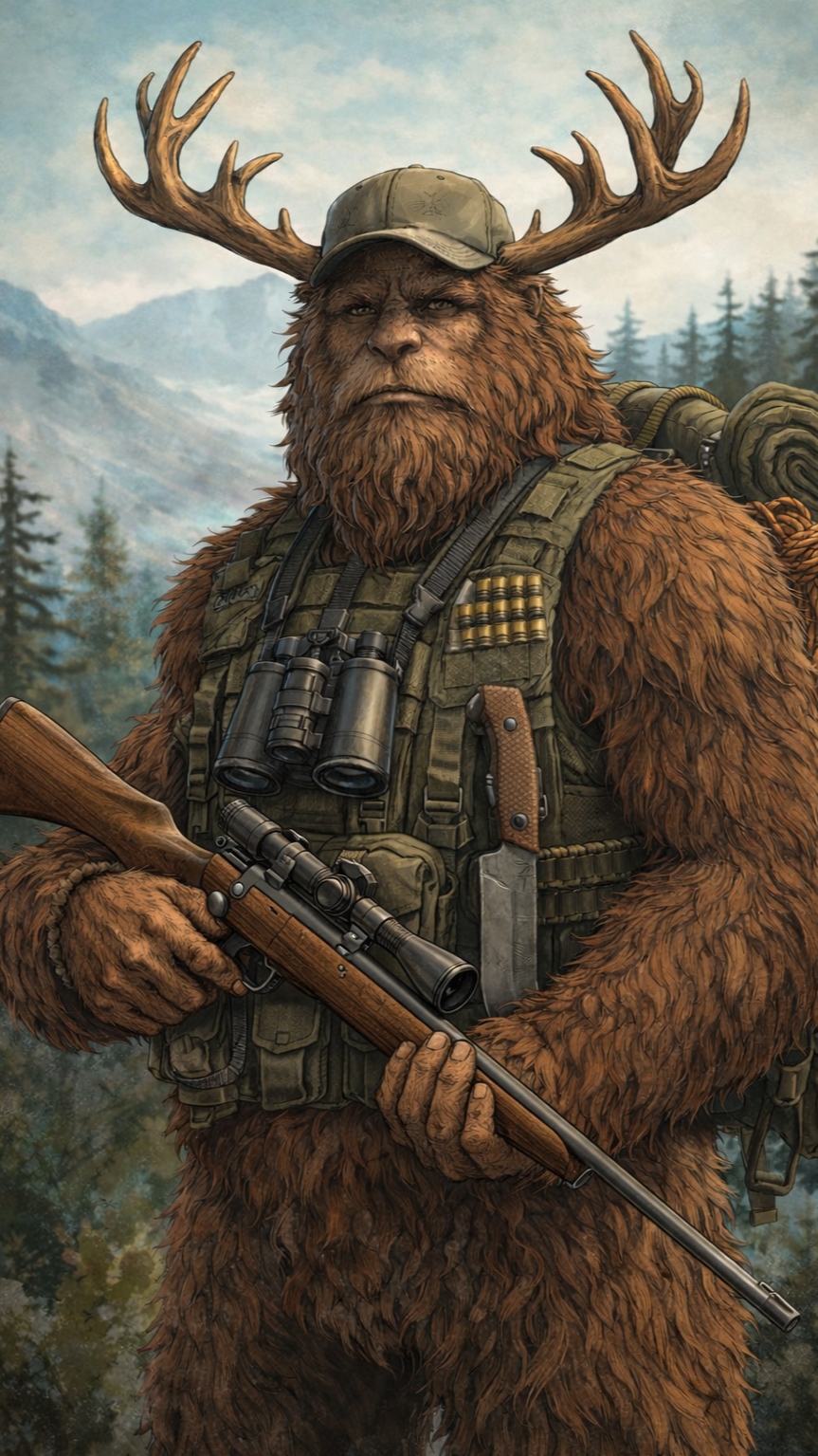 A human-like creature with the body of a bear and antlers, dressed in military gear, holding a rifle, in a mountainous forest setting.