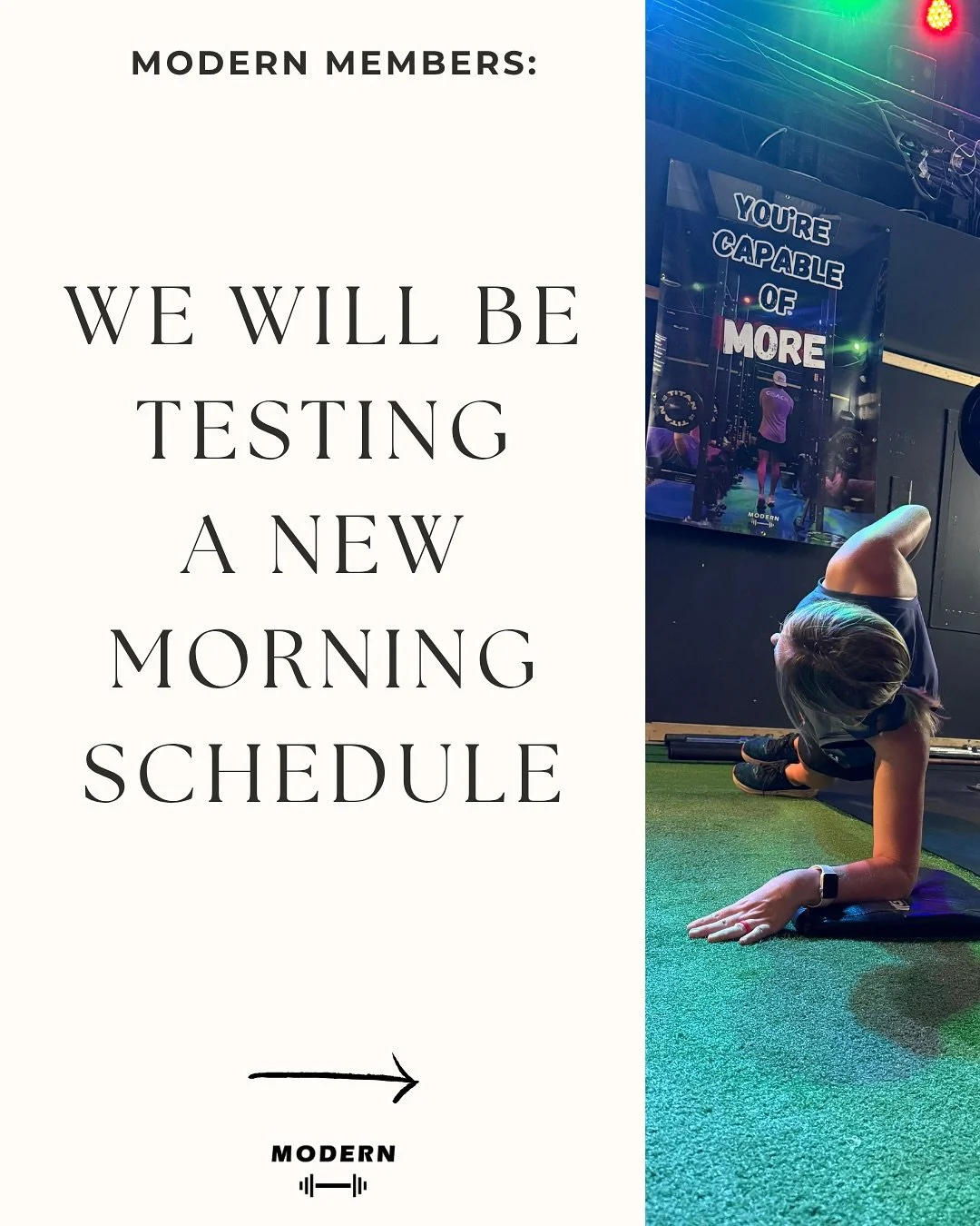 New *temporary* Morning Schedule next week 🙌. The class times have been updated in the Modern Fitness App and on Mindbody!

If we get a lot of positive feedback then we&rsquo;ll look to make this change for 2026.  Have fun next week, and get after i